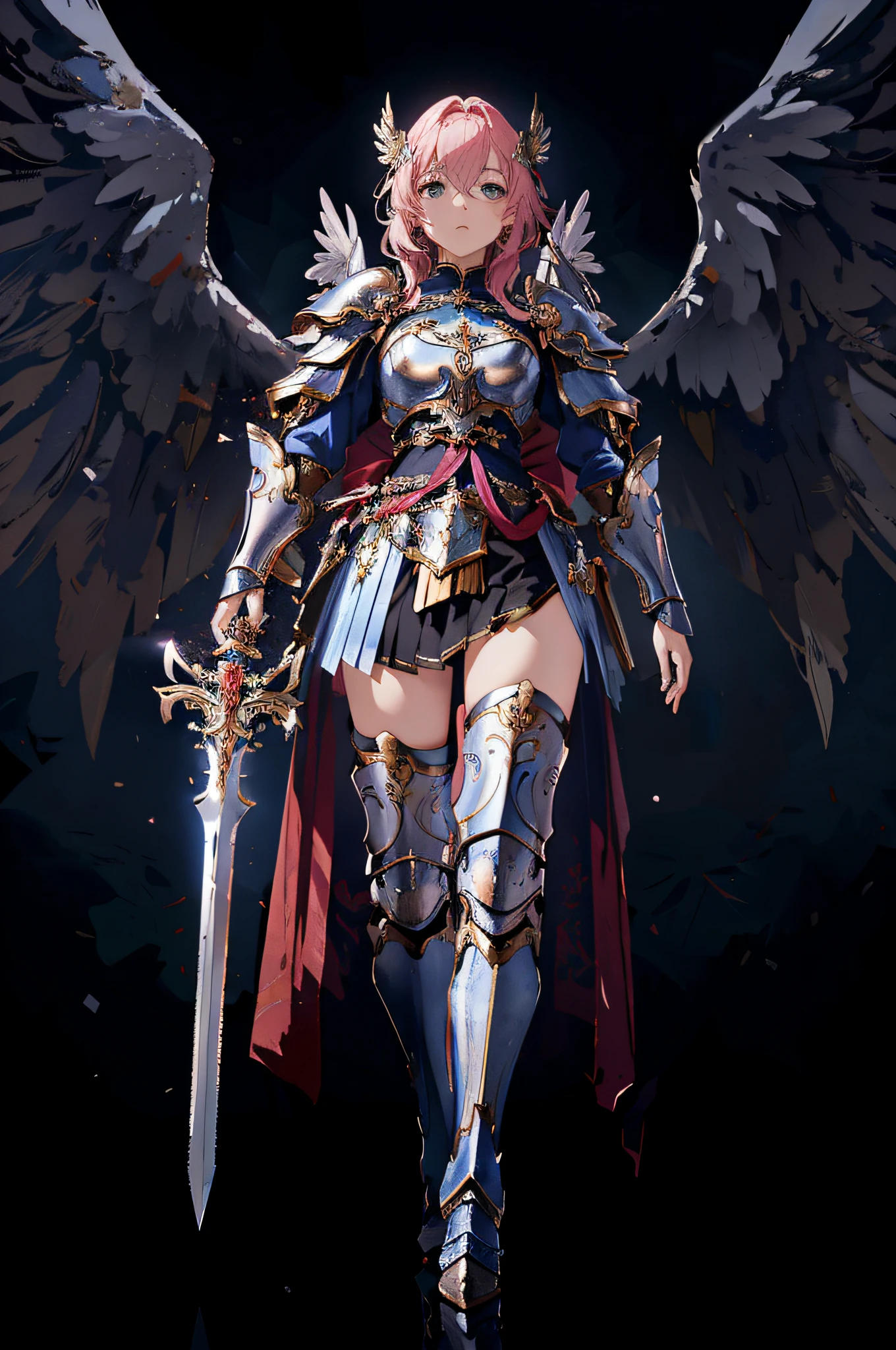 personagem de anime com cabelo rosa e asas segurando uma espada, menina do cavaleiro do anjo, angel knight gothic girl, Armor angle with wing, Arqueiro alado, cushart krenz arte chave feminina, Menina da armadura, Mechanized Valkyrie girl, angel in plastic armor, 2. 5 d cgi anime fantasia arte | | | |, as a mystical valkyrie, arte oficial altamente detalhada, mystical valkyrie