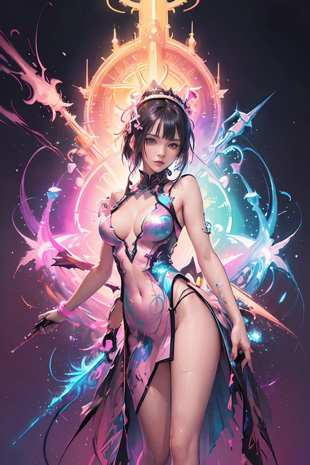 (Masterpiece, Top quality, Best quality, offcial art, Beautiful and aesthetic:1.2), (1girll:1.3), Extremely detailed,(Fractal art:1.2),Colorful,highest details,( Zen neon:1.2), (Dynamic pose), (Abstract background neon lights:1.5), (Trident dress:1.2), (Shiny skin), (many color:1.4), Upper body ,neonlight,16k,Full-HD