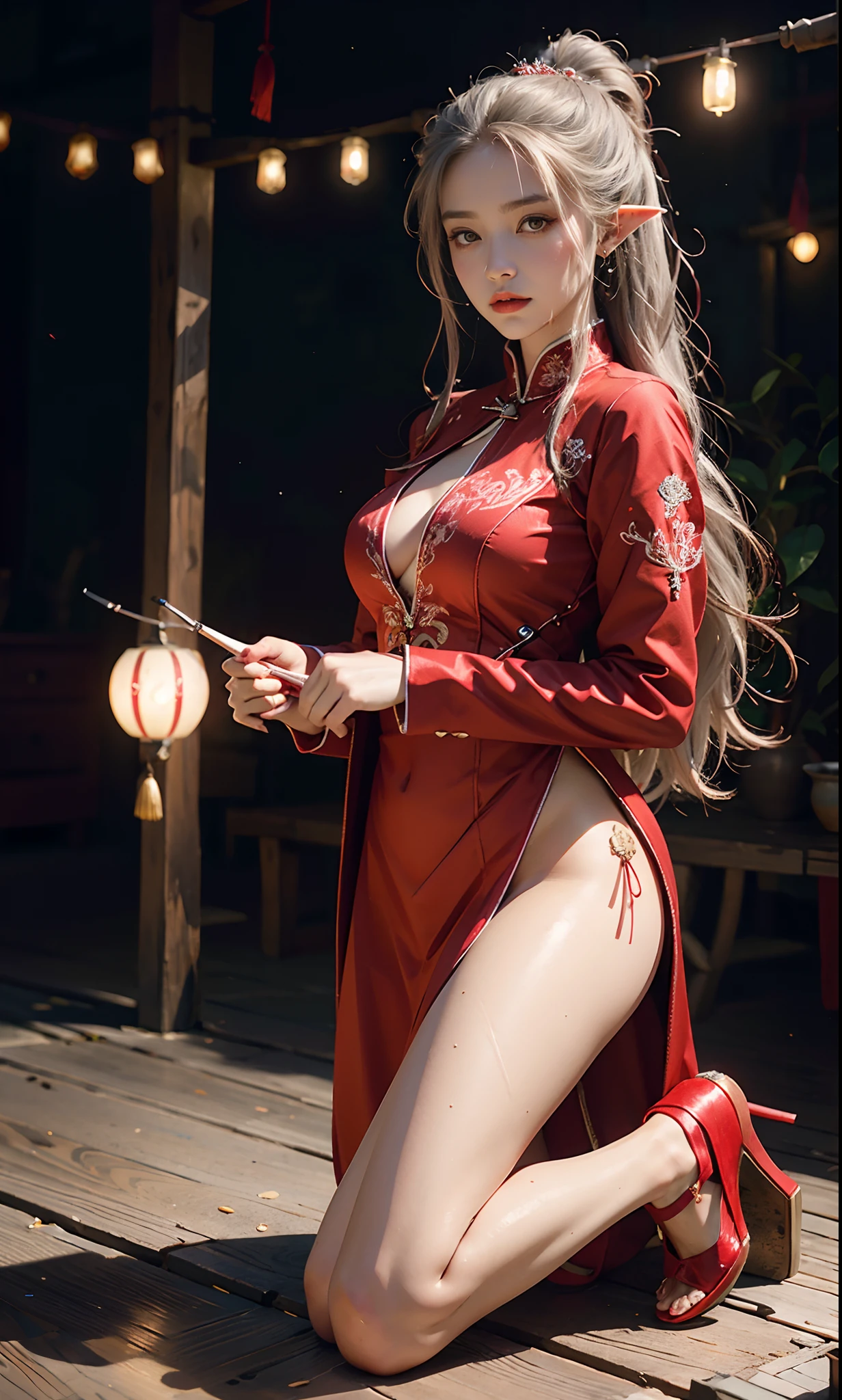 （Redcoat：1 silver-haired girl, Close up，Kneeling pose）， tmasterpiece， best qualtiy， RAW photogr， realisticlying， the face， Incredibly Ridiculous res， Beautiful elf beauty， ear studs，Get wet all over， (Long silver hair)， (Red wedding dress+)，Chinese silk long dress，(Red cloth shoes，Embroidered cloth shoes+)，depth of fields， A high resolution， ultra - detailed， filigree， RAWE is very detailed， very detailed eyes and faces， Sharp pupils， realistic pupil， tack sharp focus， cinmatic lighting，full bodyesbian，Bigboobs，long leges，From the front side，ancient Chinese town，Lanterns，Tanabata，Lights of all homes，A faint red glow，dynamicposes