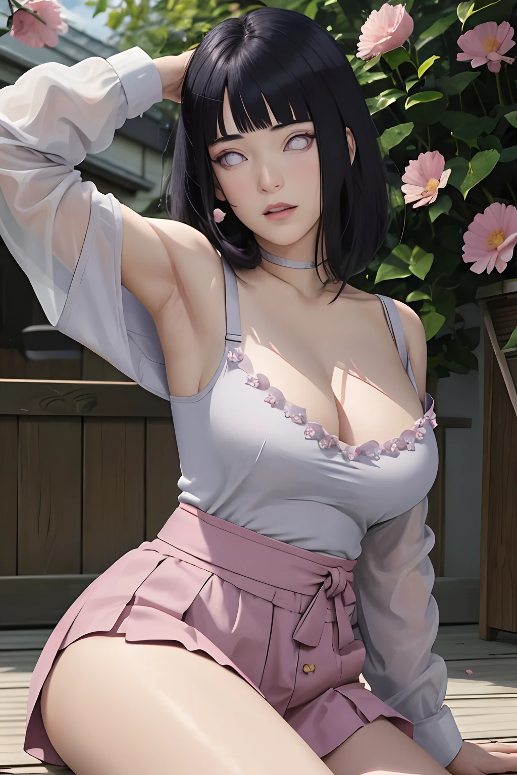 masterpiece, absurdres, hinata\(boruto\), 1girl, solo,mature female, off-shoulder strap bra, high waist mini skirt, looking at viewer, (falling petals), perfect composition, detailed lips, big breast, beautiful face, body propotion, blush, (pink lips), long hair, purple eyes, soft gaze, super realistic, detailed, photoshoot, realistic face and body,