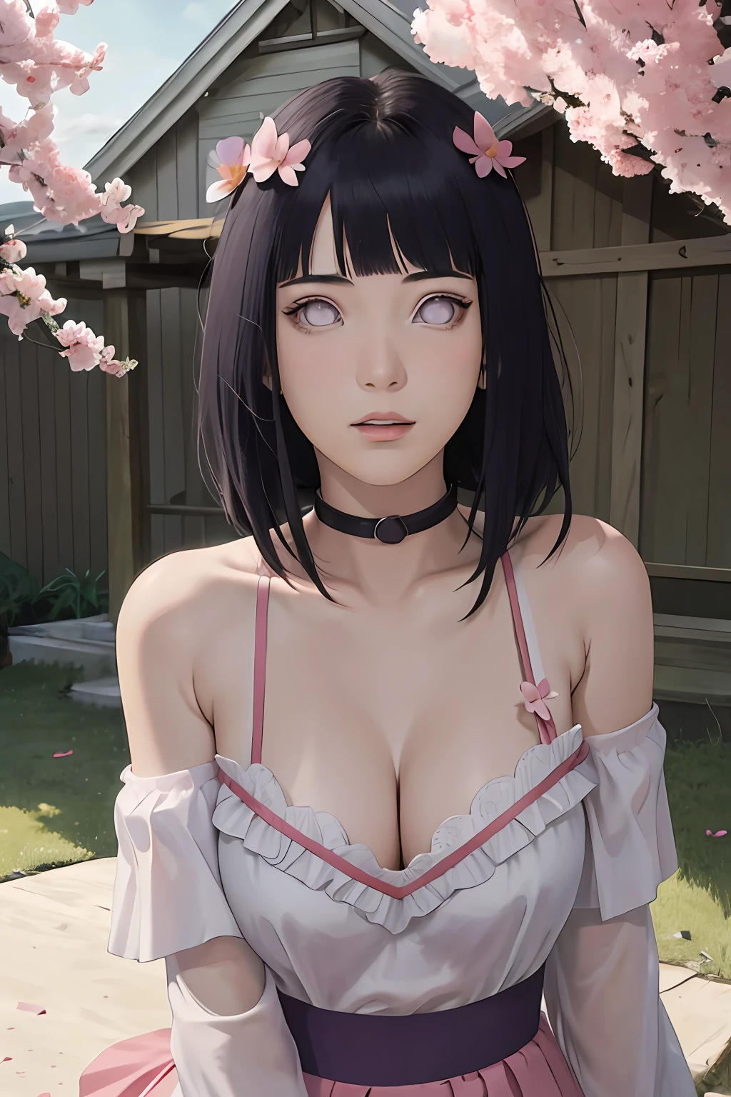 masterpiece, absurdres, hinata\(boruto\), 1girl, solo,mature female, off-shoulder strap bra, high waist mini skirt, looking at viewer, (falling petals), perfect composition, detailed lips, big breast, beautiful face, body propotion, blush, (pink lips), long hair, purple eyes, soft gaze, super realistic, detailed, photoshoot, realistic face and body,