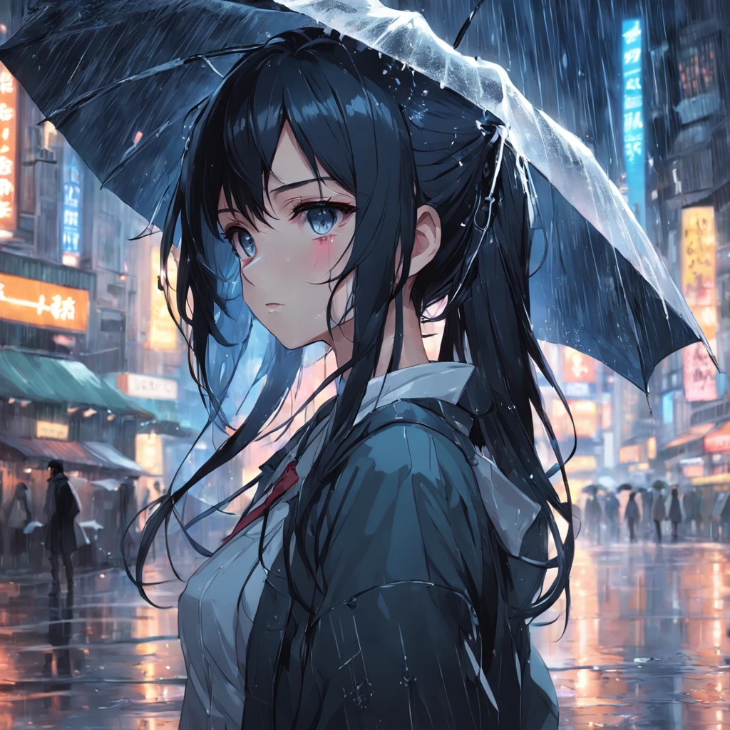 anime girl in the rain, 1girl, black long hair, 4k anime wallpaper, after rain and no girls, profile of anime girl, 4 k manga wallpaper, anime wallpaper 4 k, anime wallpaper 4k, artwork in the style of guweiz, badass anime 8 k, anime art wallpaper 4 k, anime art wallpaper 4k, rainy night, anime art wallpaper 8 k, very detailed city roof background, rooftop, overlooking the city, detailed face, detailed complex busy background, messy, gorgeous, milky white, highly detailed skin, realistic skin details, visible pores, clear focus, volumetric fog, 8k uhd, DSLR, high quality, film grain, fair skin, photo realism, lomography, futuristic dystopian megalopolis, translucent