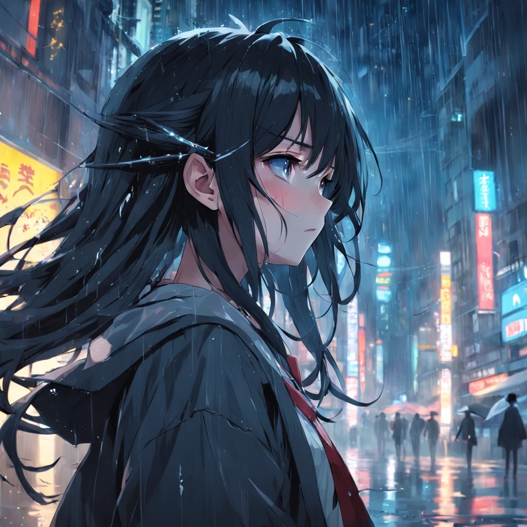 anime girl in the rain, 1girl, black long hair, 4k anime wallpaper, after rain and no girls, profile of anime girl, 4 k manga wallpaper, anime wallpaper 4 k, anime wallpaper 4k, artwork in the style of guweiz, badass anime 8 k, anime art wallpaper 4 k, anime art wallpaper 4k, rainy night, anime art wallpaper 8 k, very detailed city roof background, rooftop, overlooking the city, detailed face, detailed complex busy background, messy, gorgeous, milky white, highly detailed skin, realistic skin details, visible pores, clear focus, volumetric fog, 8k uhd, DSLR, high quality, film grain, fair skin, photo realism, lomography, futuristic dystopian megalopolis, translucent