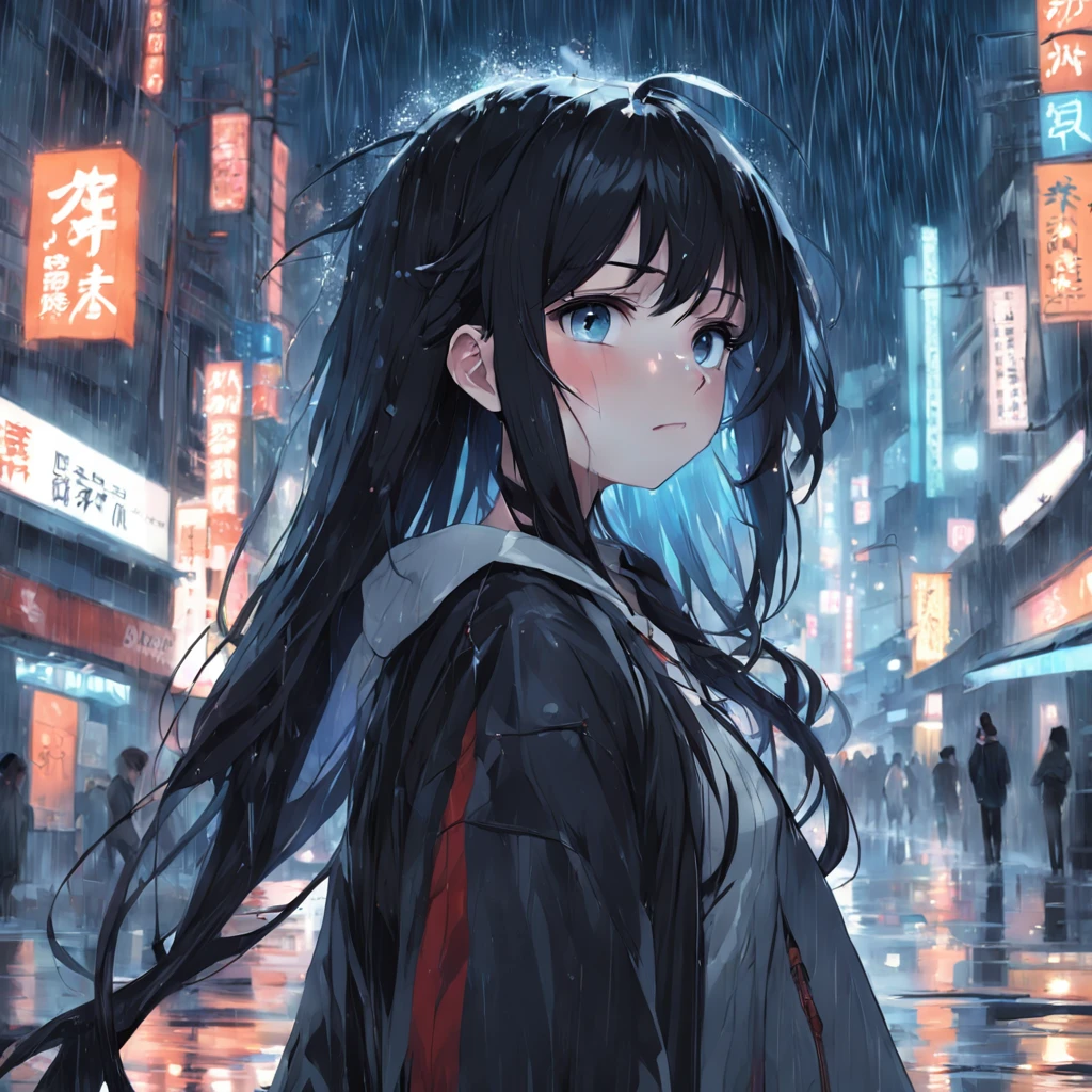 anime girl in the rain, 1girl, black long hair, 4k anime wallpaper, after rain and no girls, profile of anime girl, 4 k manga wallpaper, anime wallpaper 4 k, anime wallpaper 4k, artwork in the style of guweiz, badass anime 8 k, anime art wallpaper 4 k, anime art wallpaper 4k, rainy night, anime art wallpaper 8 k, very detailed city roof background, rooftop, overlooking the city, detailed face, detailed complex busy background, messy, gorgeous, milky white, highly detailed skin, realistic skin details, visible pores, clear focus, volumetric fog, 8k uhd, DSLR, high quality, film grain, fair skin, photo realism, lomography, futuristic dystopian megalopolis, translucent
