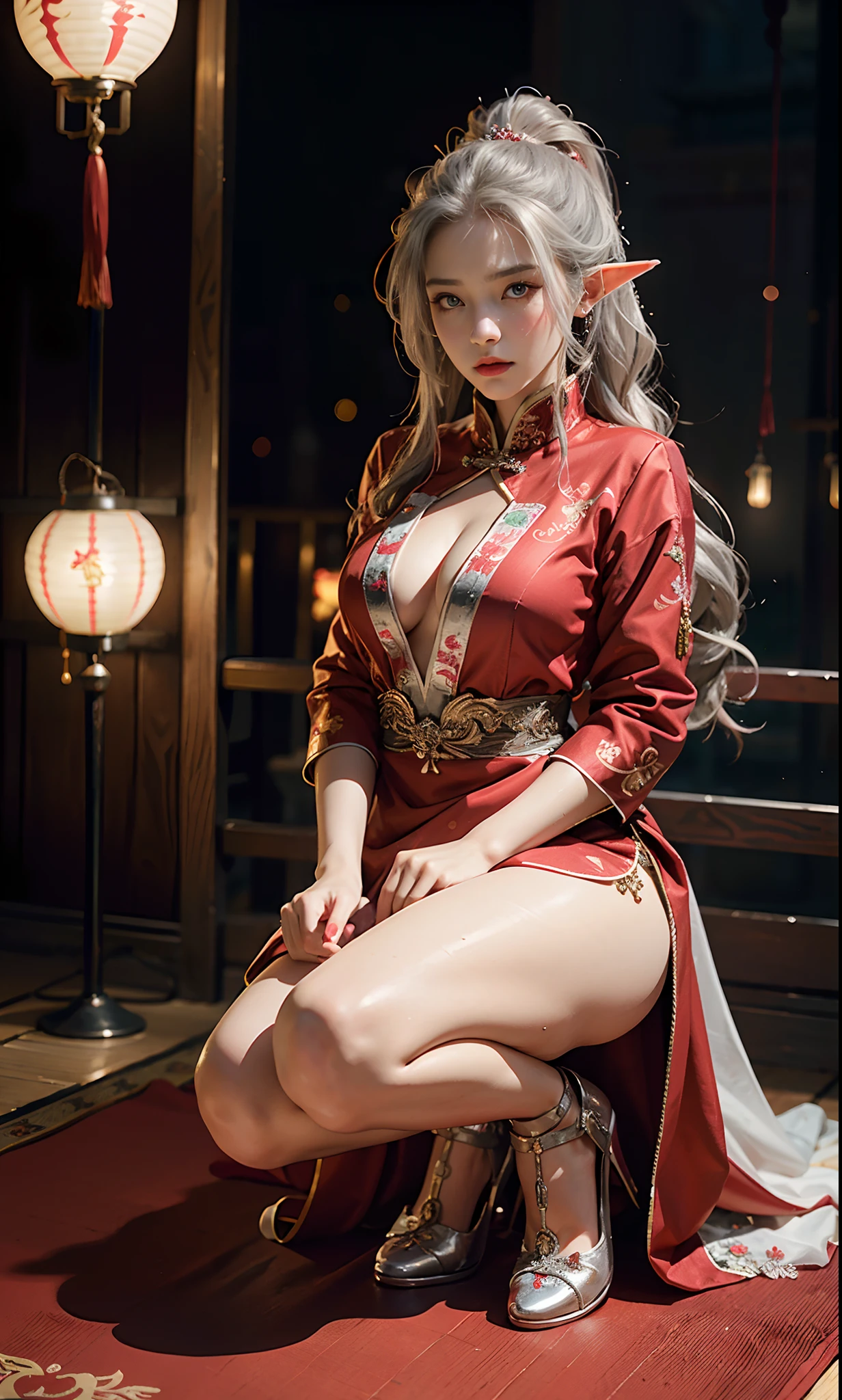 （Redcoat：1 silver-haired girl, Close up，Kneeling pose）， tmasterpiece， best qualtiy， RAW photogr， realisticlying， the face， Incredibly Ridiculous res， Beautiful elf beauty， ear studs，Get wet all over， (Long silver hair)， (Red wedding dress+)，Chinese silk long dress，(Red cloth shoes，Embroidered cloth shoes+)，depth of fields， A high resolution， ultra - detailed， filigree， RAWE is very detailed， very detailed eyes and faces， Sharp pupils， realistic pupil， tack sharp focus， cinmatic lighting，full bodyesbian，Bigboobs，long leges，From the front side，ancient Chinese town，Lanterns，Tanabata，Lights of all homes，A faint red glow，dynamicposes