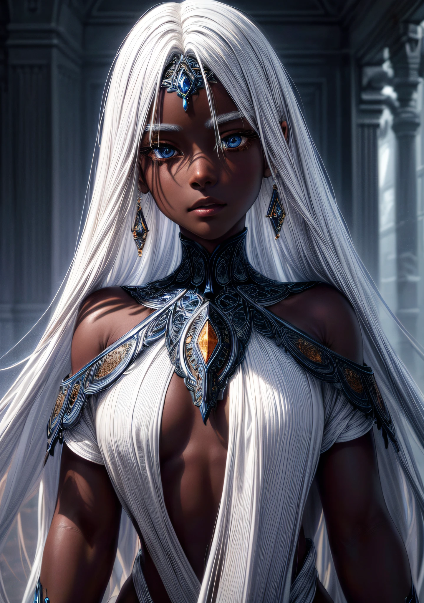 a portrait 1 woman long white hair, (dark skin), with wood and intricate stone skin, luminosity and intricate energy to details, well-shaped body, shapely legs, muscular legs, blue eyes, (bright eyes), (bright eyes), emitting a blue glow), beautiful, calm expression, intense fog hovering over the ground, (masterpiece), (CGI), (High resolution), (hyper detailed),