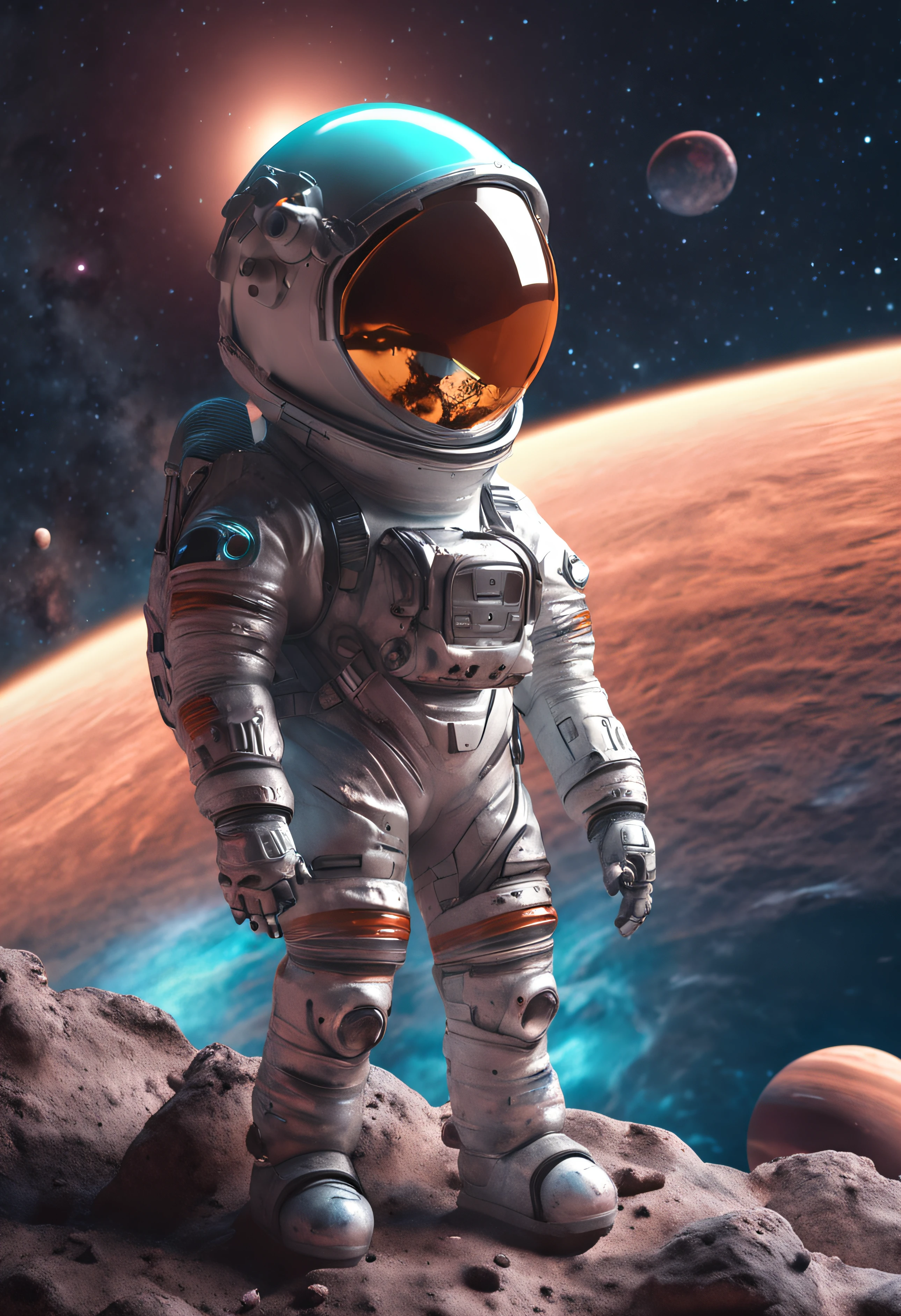 a mini astronaut in chibi model, wearing a space suit, in the style of photorealistic surrealism, abstract colorist sculptor, poured, fluid and loose, sci-fi influenced, sculpted Cartoon icon art, 3D pixar style drawing, a planet in space, isolated, exploring the moon in the background many planets and stars, cinematic light, photorealistic scenes, anime art, epic, RTX ON, DAZ3D, Digital Arts Techniques, Animated Illustrations