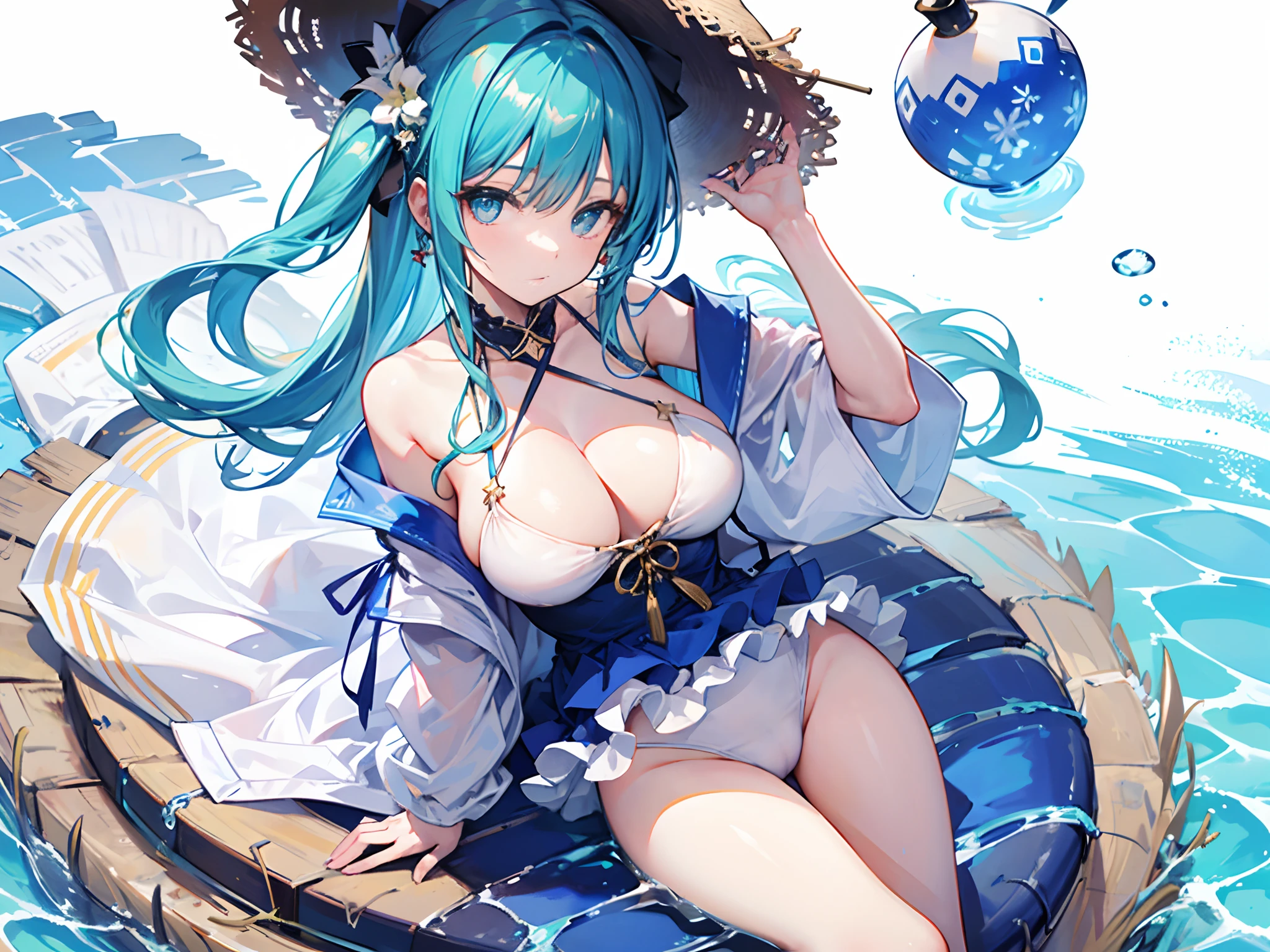 She was wearing a white ruffled swimsuit, a blue patterned pareo, and even a neat straw hat on her head.