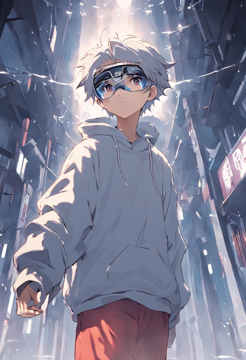 Gray-haired Japanese anime youth,Wearing VR glasses,, White hoodie, White shorts, No tattoos, Not long beard, 16 years old wear
VR glasses