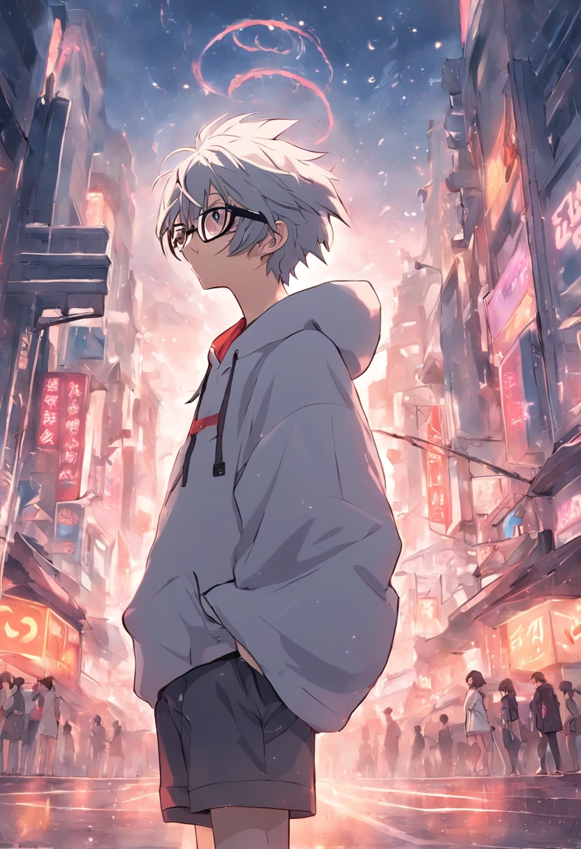 Gray-haired Japanese anime youth,Wearing VR glasses,, White hoodie, White shorts, No tattoos, Not long beard, wear
VR glasses