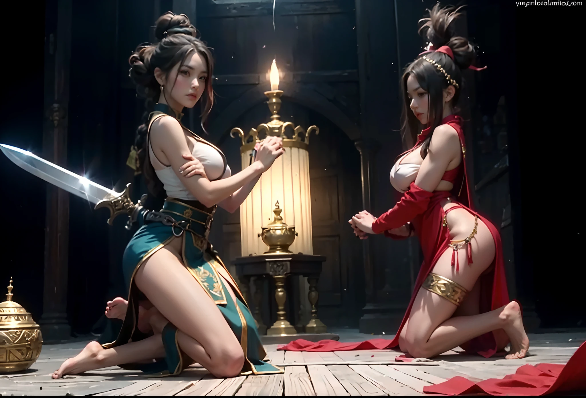 (best qualtiy),(solo person++),A woman in period costume,((Kneeling pose,Point at you with your ass))mature,(Female captive+),Flirtatious,cabelos preto e longos,hair-bun,huge tit,Fragrant shoulders,Bare legged,Jade foot,Barefoot,Barefoot,(binding),(execute+)(Women cut off their heads),(Decapitation ceremony),anvil,big sword,jewelry,Normal posture
