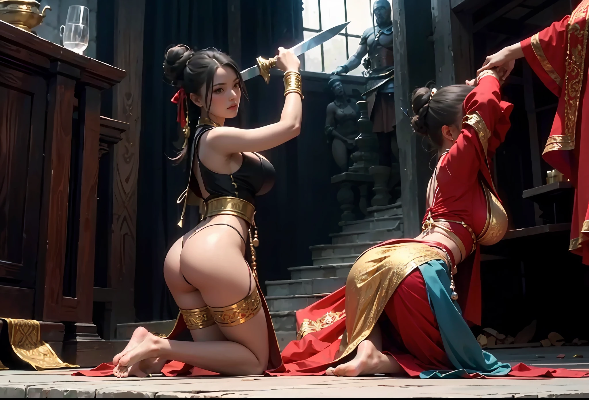 (best qualtiy),(solo person++),A woman in period costume,((Kneeling pose,Point at you with your ass))mature,(Female captive+),Flirtatious,cabelos preto e longos,hair-bun,huge tit,Fragrant shoulders,Bare legged,Jade foot,Barefoot,Barefoot,(binding),(execute+)(Women cut off their heads),(Decapitation ceremony),anvil,big sword,jewelry,Normal posture