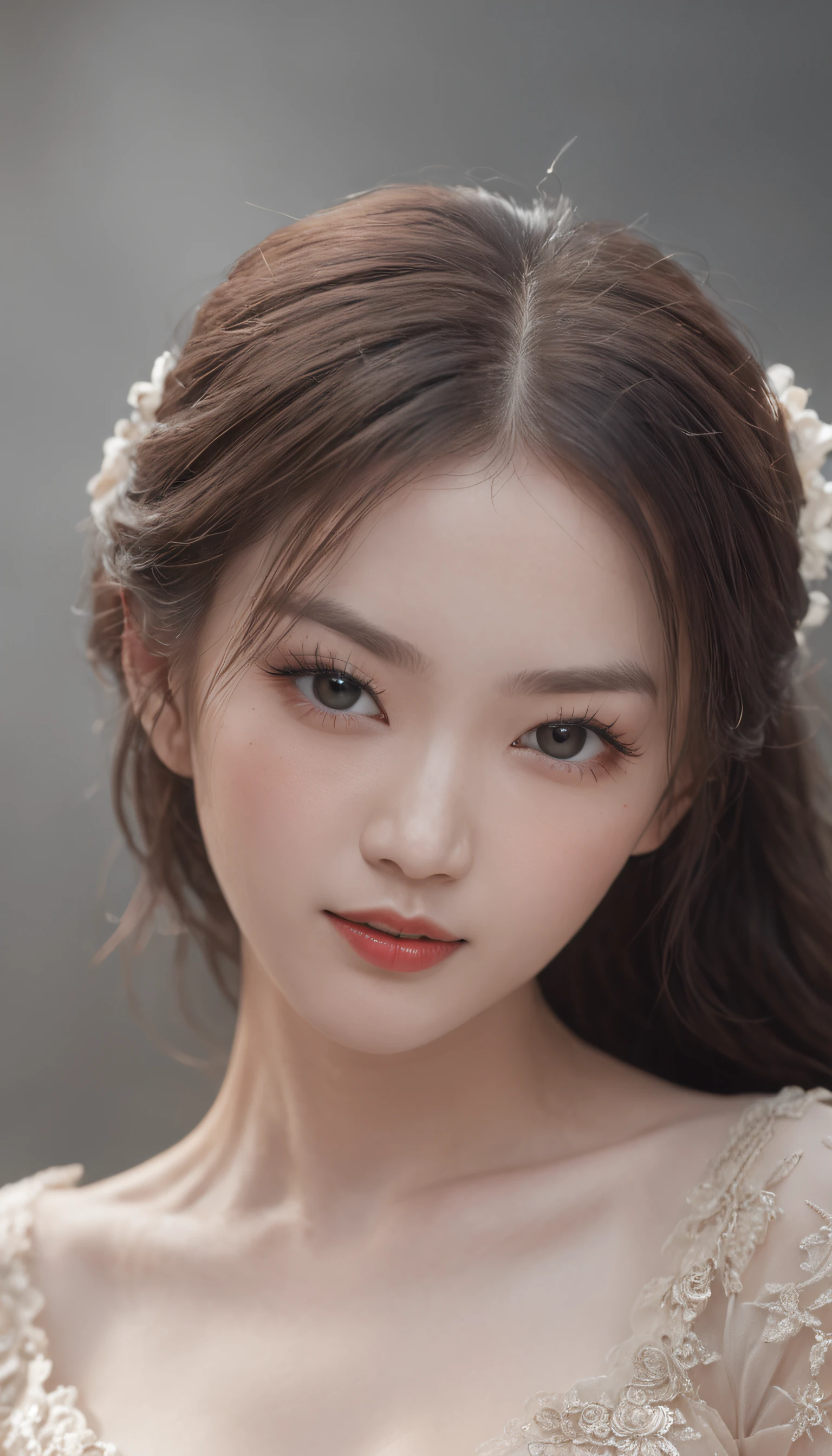 A full-length portrait of a beautiful Chinese girl dancing once in 5,000 years，flowing long black hair，Delicate perfect facial features，watery big eyes，Perfect double eyelids，Redlip，Perfect round face shape，ssmile，Cute little dimples on cheeks，light make-up，exquisite collarbone，Delicate lace-trimmed bra，Slender legs，perfect body figure，Beautiful dancing，Pure lust，ellegance，stage lighting，smoke effect，dreamy background，8K，detail-rich，Works of masters