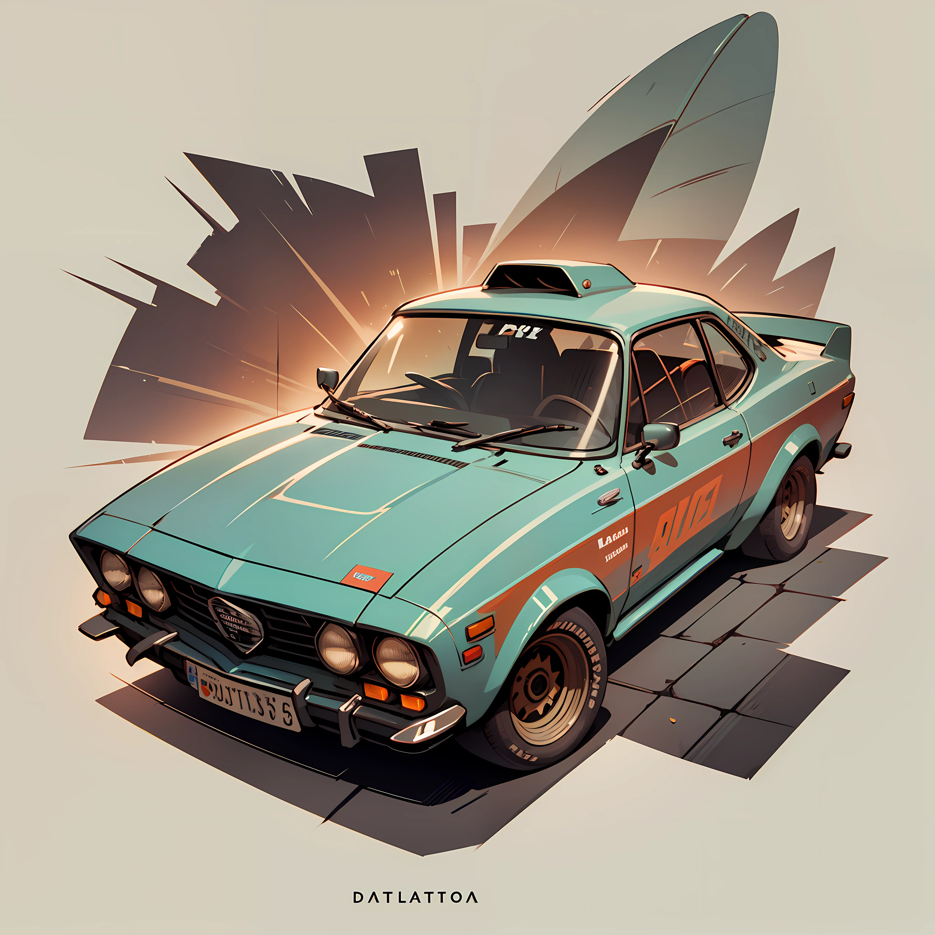 carro Datsun 180-j 1975 cor laranja, com prancha de surf no topo, Highly detailed illustration.", Vehicle illustration, Cartoon style illustration, estilo dos desenhos animados, hd illustration, Ultra-detailed illustration, vector illustration, Hiper real altamente detalhado, Highly detailed illustration, High detail illustration, Retro illustration, Caricatura altamente detalhada, Artistic illustration, Arte vetorial altamente detalhada, a beautiful artwork illustration