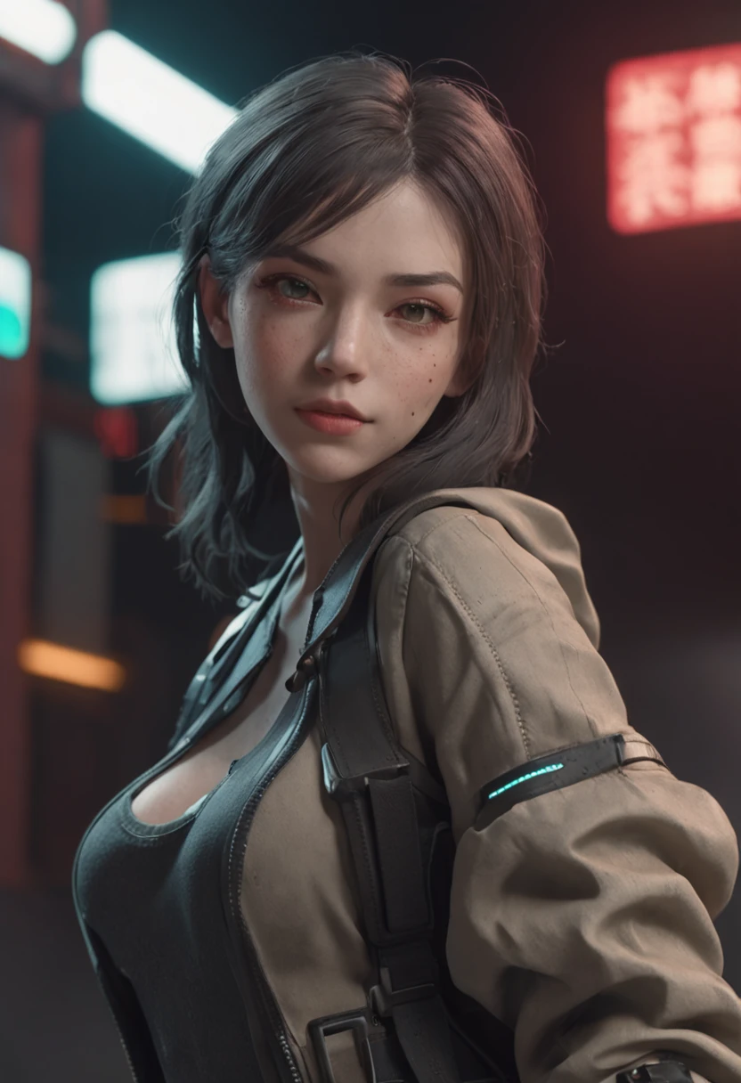 Modern simulation,Anime-style environment wide-angle shot,Nightly chaotic arcade shots; A woman in street clothes;Sci-fi. 3D. Environmental arcade art.,cyber punk perssonage,Firearms