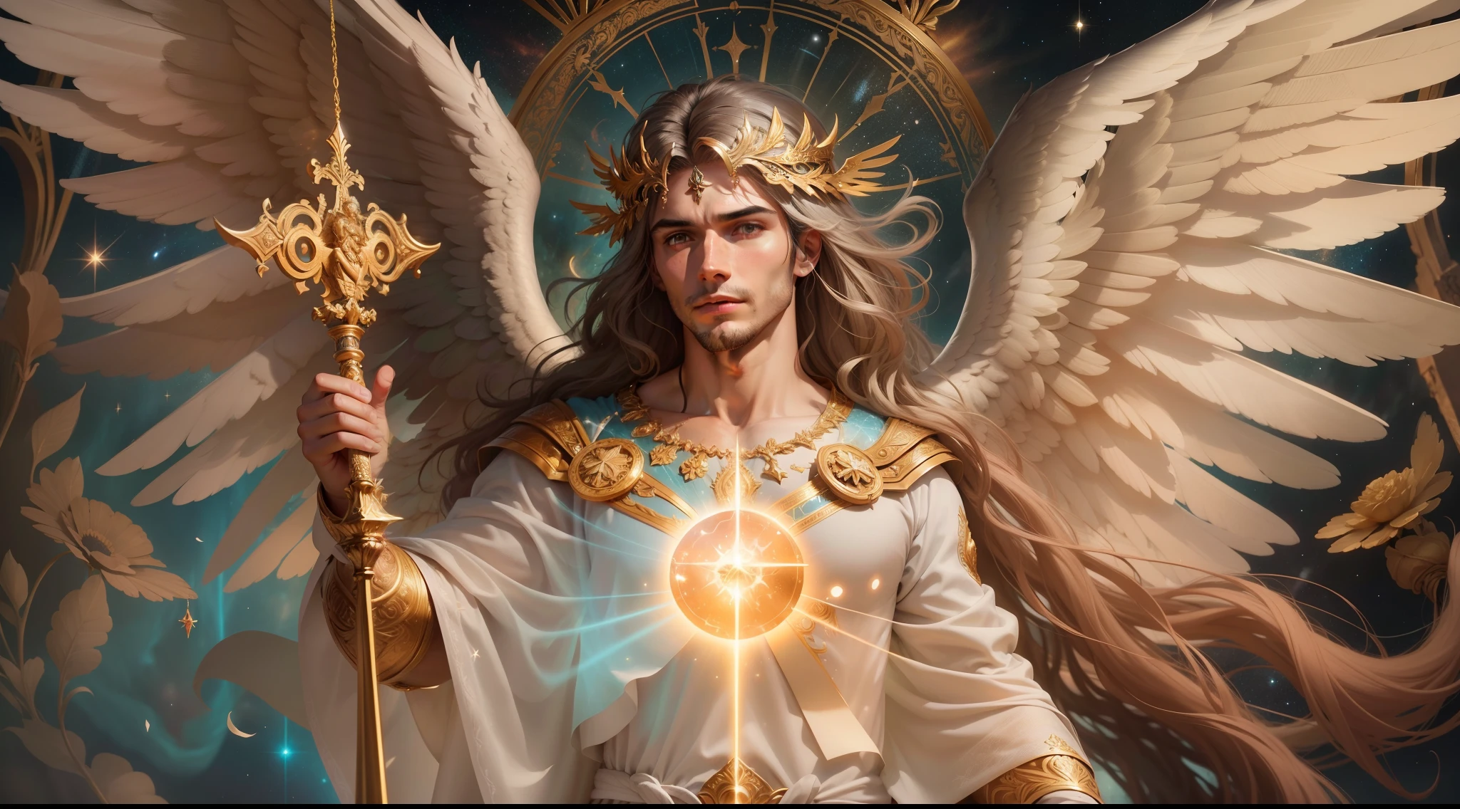 um personagem masculino bonito meia idade, o arcanjo Miguel, imagem celestial, detalhes intricados, realista, asas ROSAS e grandes, fundo angelical, Catholic illustrative image of the archangel Michael, Male character of the Bible, Michael is wearing his angelic armor, cosmic background, Illumination in the Archangel and in the background, imagem do corpo todo do anjo, Maximum detail and his angelic face and wings, pele perfeita realista, Maximum image quality, Miguel ele esta destacado na imagem com cores fortes e chamativas, asas grandes