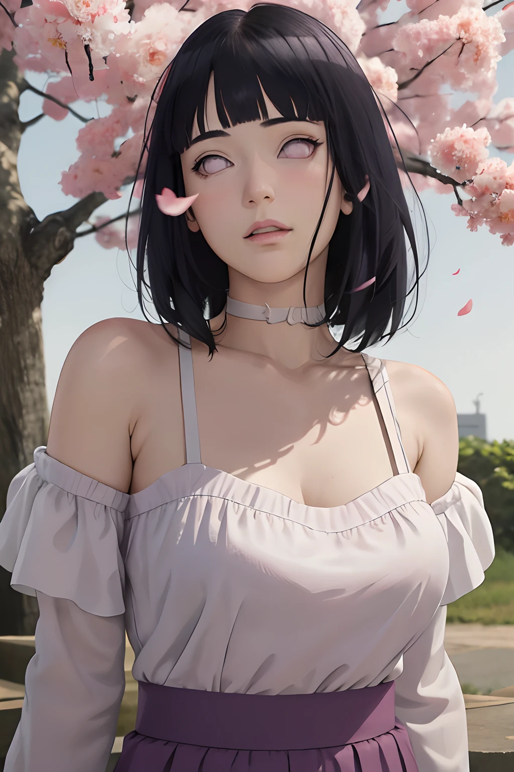 masterpiece, absurdres, hinata\(boruto\), 1girl, solo,mature female, off-shoulder, bra strap, high waist short skirt, looking at viewer, (falling petals), perfect composition, detailed lips, big breast, beautiful face, body propotion, blush, (pink lips), long hair, purple eyes, soft gaze, super realistic, detailed, photoshoot, realistic face and body,