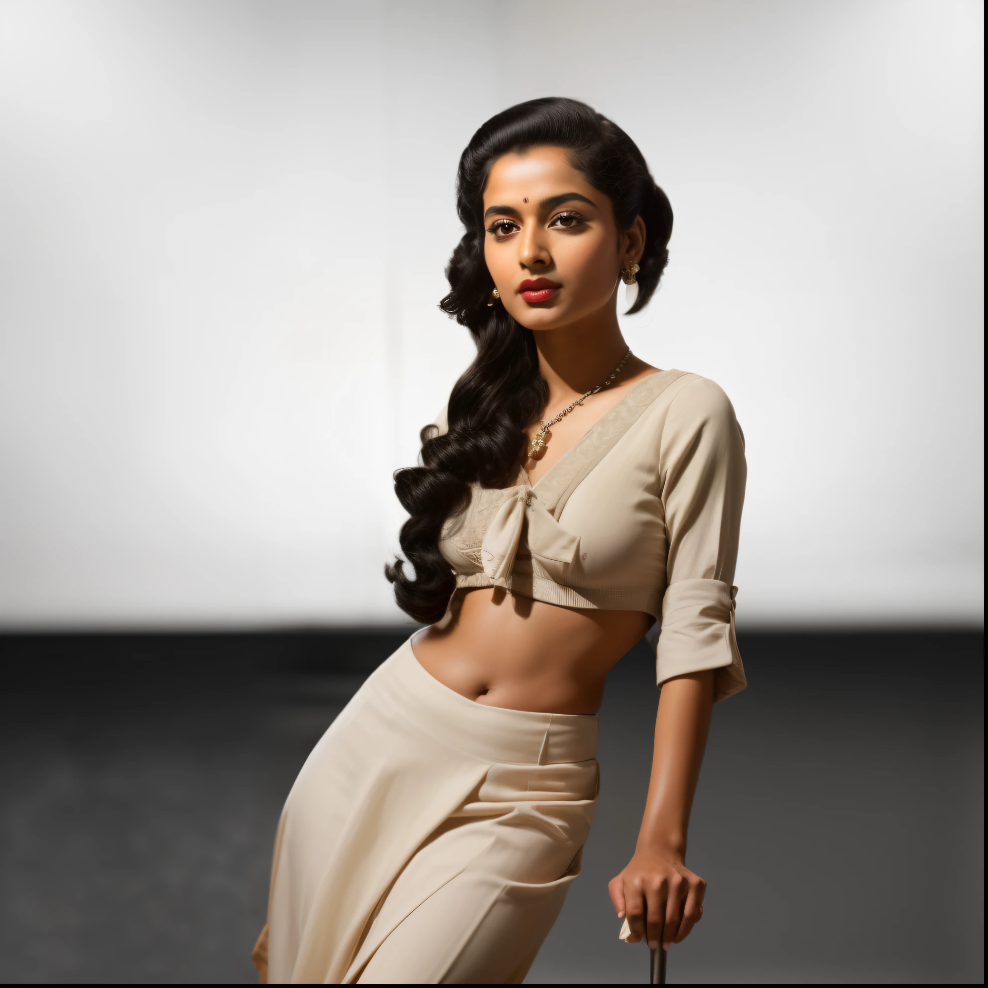 full body portrait of indian female model (styled in a 1940's, Sailor Dress, highly detailed:1.3), (highly detailed face:1.8), (1940's Pompadour Hairstyle:1.3), (slim body, small breasts, small hips:1.5), (leaning back on the bar:1.5), (background inside a dark, old, 1940's big-band bar:1.4), (soft studio lighting, volumetric shadows), JCH Street Pan, ISO 100