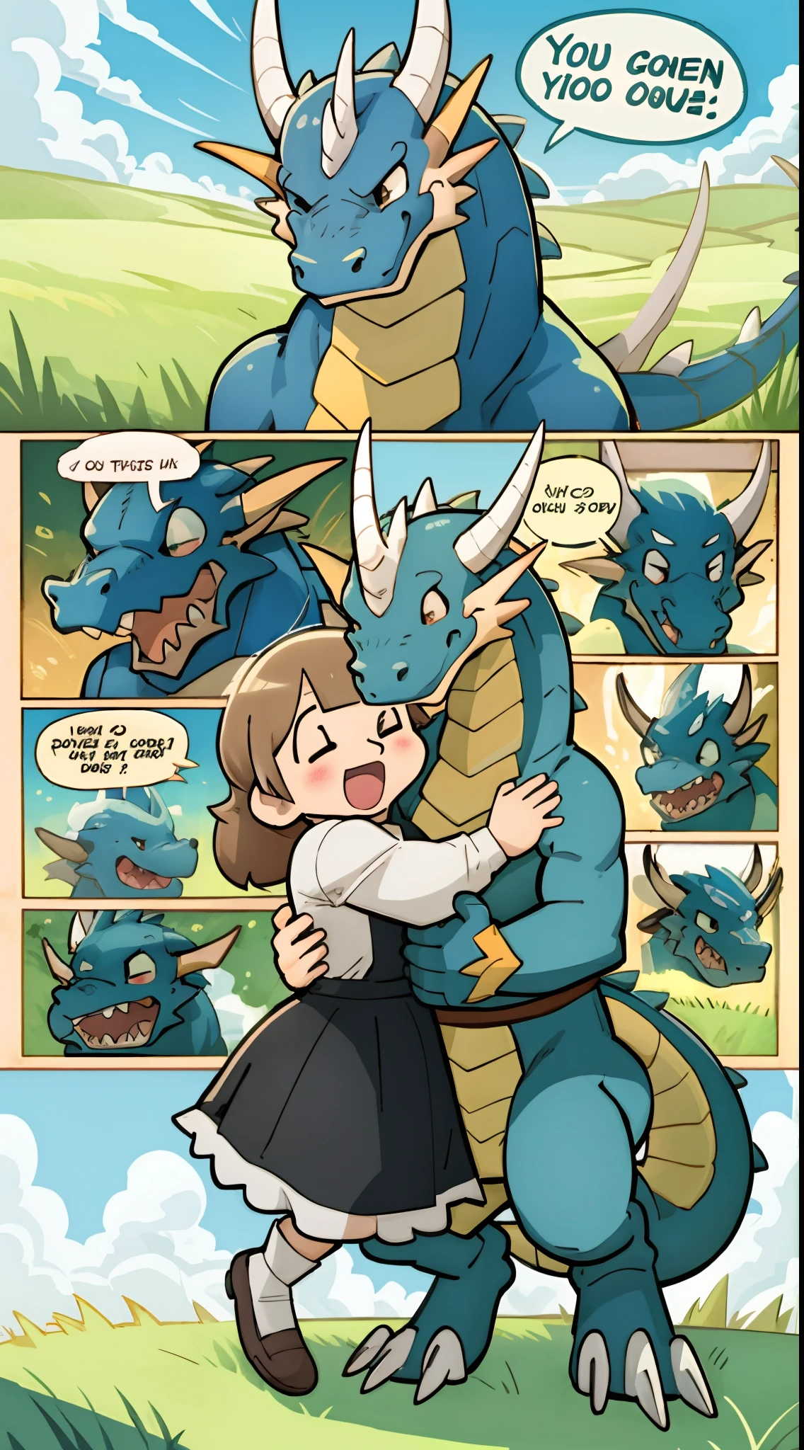 top quality, best quality, highres, masterpiece, super high resolution, detailed background, grass field, under refreshing blue sky, height difference, large Dragon, smile, hugs girl((movie of a Dragon and human child girl))girl hugs dragon, dress skirt, smile, open mouth, happy, joyful absurdres(highly detailed beautiful face and eyes)perfect anatomy, good lighting, cinematic shadow, assorted expressions, assorted poses, assorted angles, full body, upper shot, dynamic angle(girls comic-like panel layouts, speech balloon, English text, Hand-drawn sound effects stickers used in girls comic),