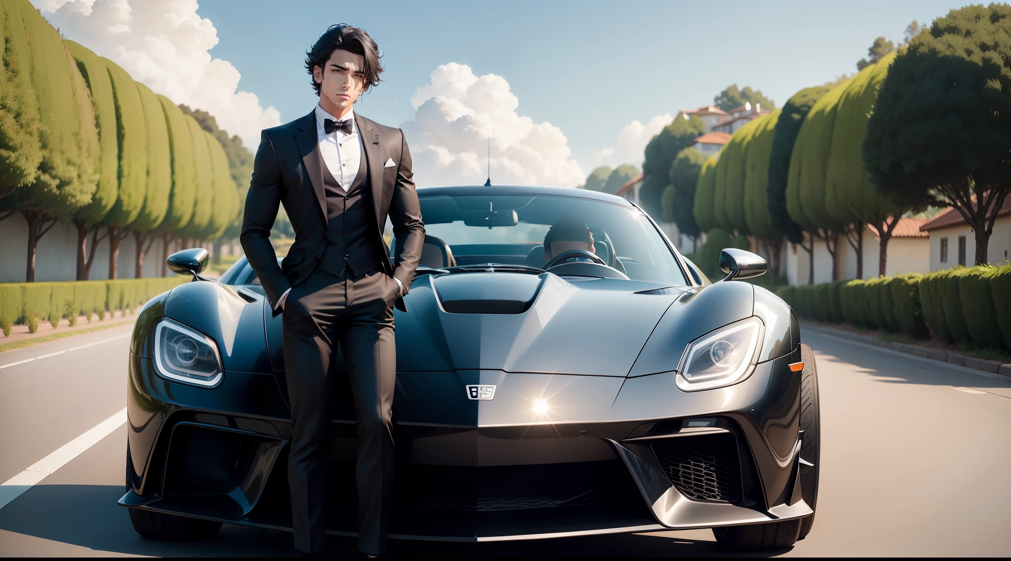 JUST A male anime character with an athletic body, cabelo preto, dress with classic gala suit, in a beautiful village with verdant fields and blue sky, With a sports car behind it 8k, bela imagem