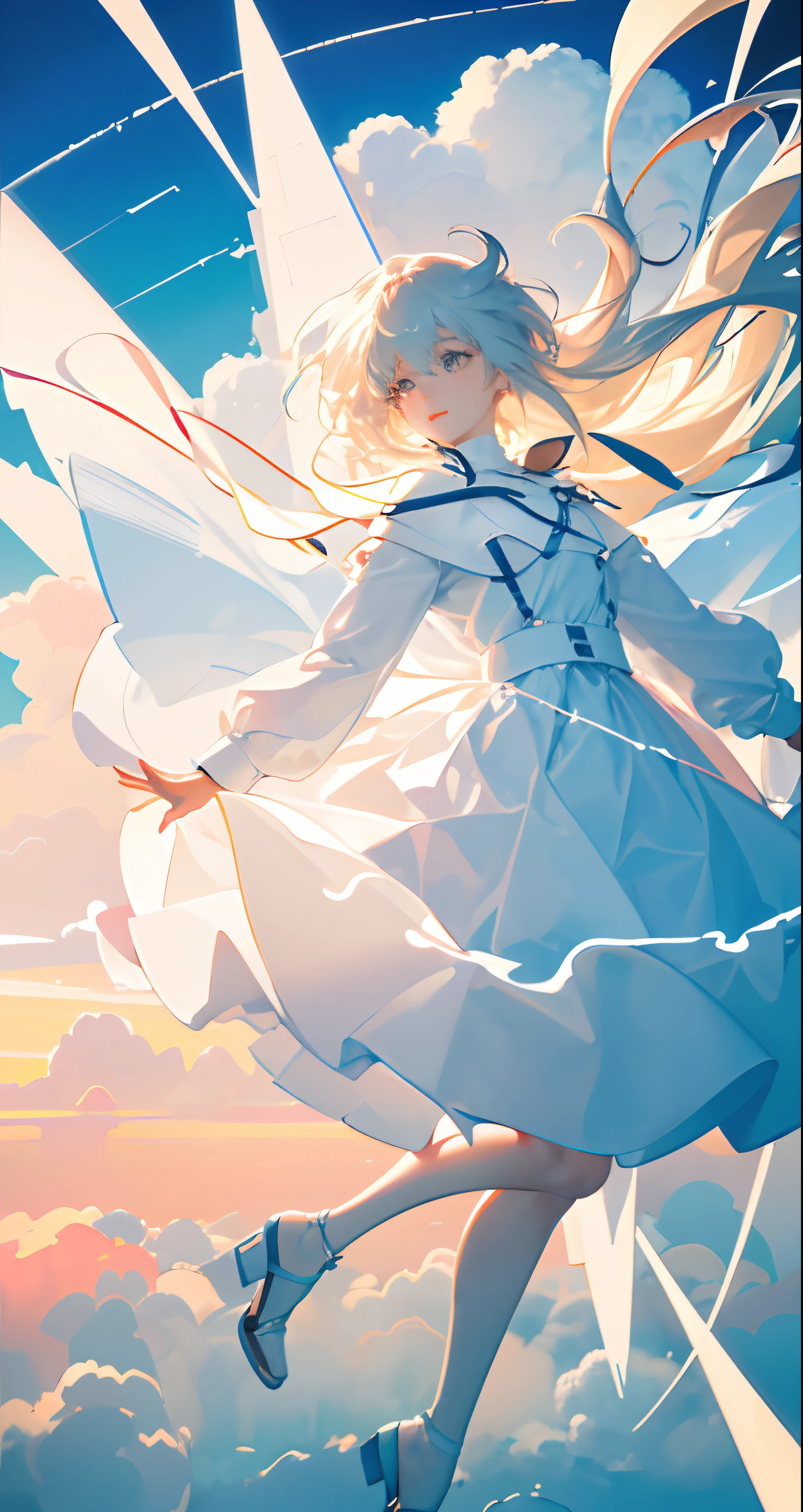 masterpiece, best quality, movie still, 1girl, floating in the sky, cloud girl, cloud, (close-up:1.1), bright, happy, fun, soft lighting, (Bauhaus, shapes, lines, abstract:1.1)