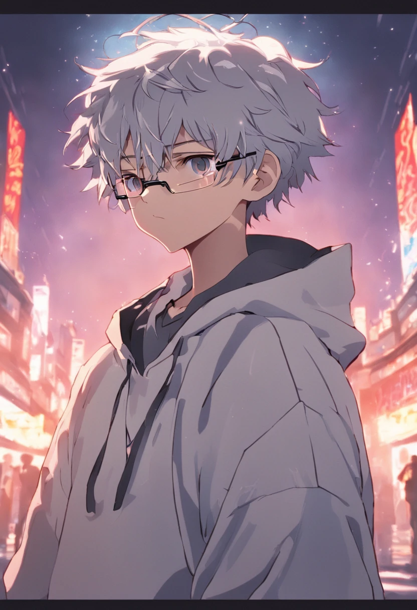 Gray-haired Japanese anime youth,Wearing VR glasses,, White hoodie, White shorts, No tattoos, Not long beard, 16 years old and wearing white VR glasses