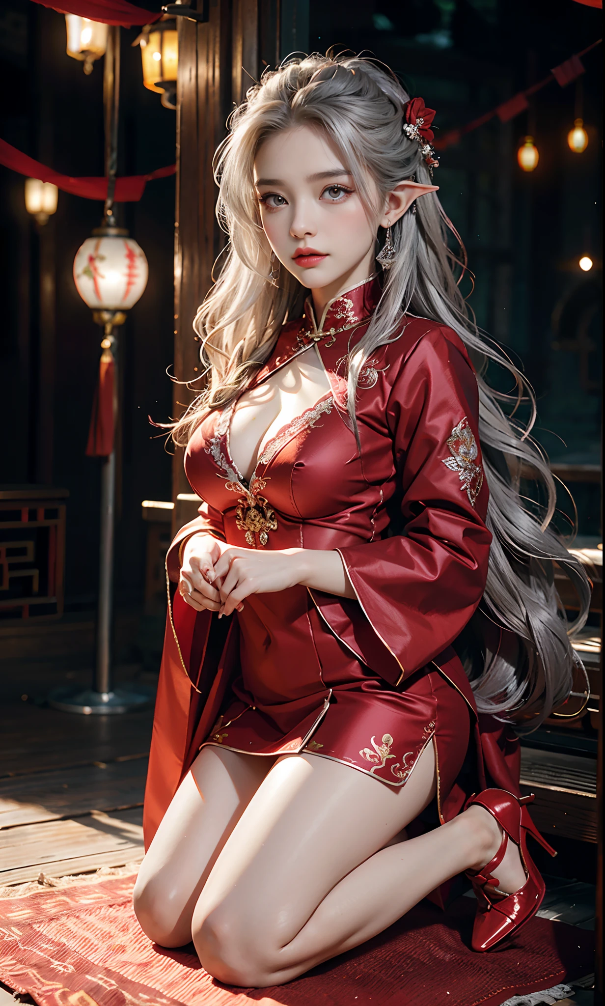 (Redcoat:1 silver-haired girl, Close up), tmasterpiece, best qualtiy, RAW photogr, realisticlying, the face, Incredibly Ridiculous res, Beautiful elf beauty, ear studs,Kneeling pose, (Long silver hair), (Red wedding dress+),Chinese silk long dress,(Red cloth shoes,Embroidered cloth shoes+),depth of fields, A high resolution, ultra - detailed, filigree, RAWE is very detailed, very detailed eyes and faces, Sharp pupils, realistic pupil, tack sharp focus, cinmatic lighting,full bodyesbian,Bigboobs,long leges,From the front side,ancient Chinese town,Lanterns,Tanabata,Lights of all homes,A faint red glow,dynamicposes