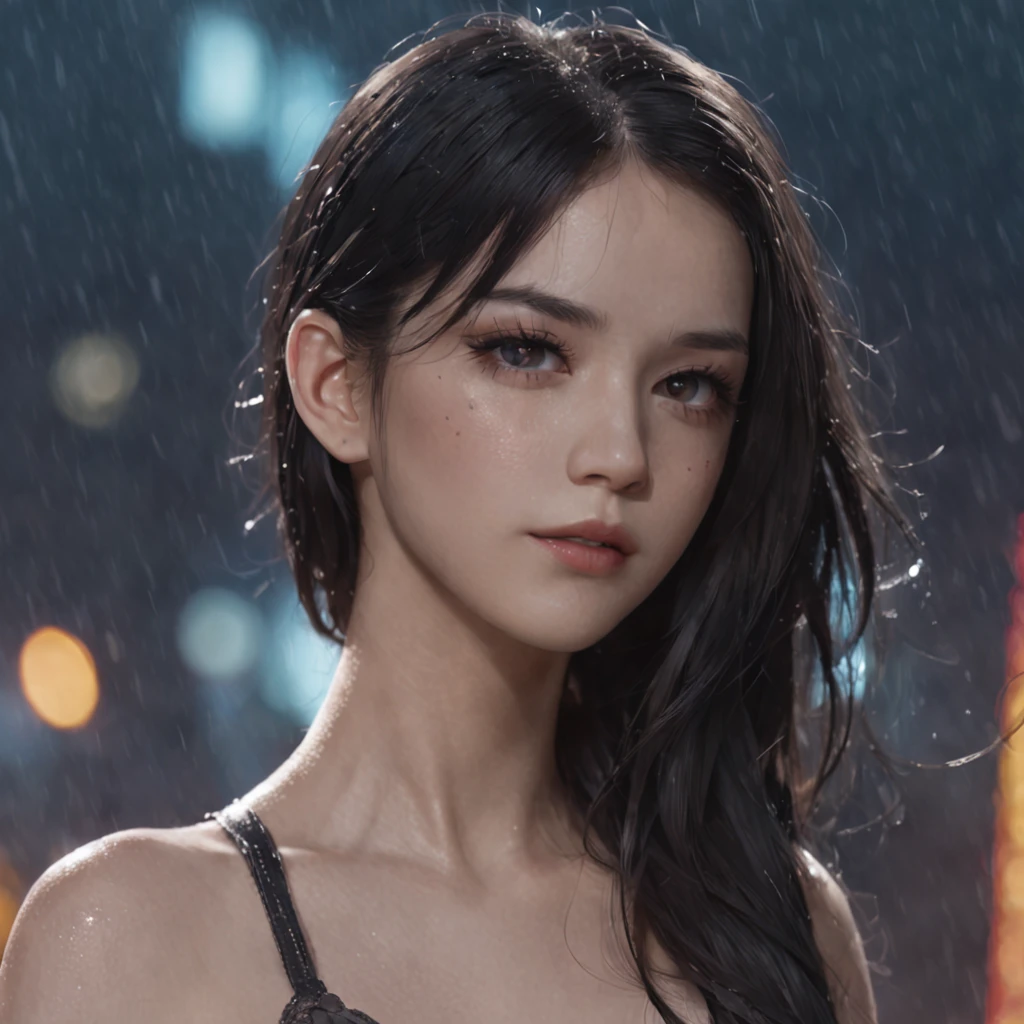 8K, Top Quality, Intricate Details, Ultra Detail, Ultra High Resolution, Masterpiece, random angle, Slender, Smile, (Makeup: 0.4), (Fluffy Blue Eyes: 1.21), blue Eyes, looking at viewer, ((full body)), 1girl, solo, 1 girl, (( full body)), close up shot, , ((tall)), (((fit body))), (((slim face))), sharp face, sharp eyes, (((black hair, long hair, )) (detailed face), sharp face, small lips, ((((((naked))), Rain, Street, Wet Body))), detailed face, detailed breast, , large breast, detail ass, Beautiful girl with accentuated slender abs: 1.4, Six Pack Abs: 1.4, Bust Botox, Big, Perfect Body, detail leg, (( moonlight)), street