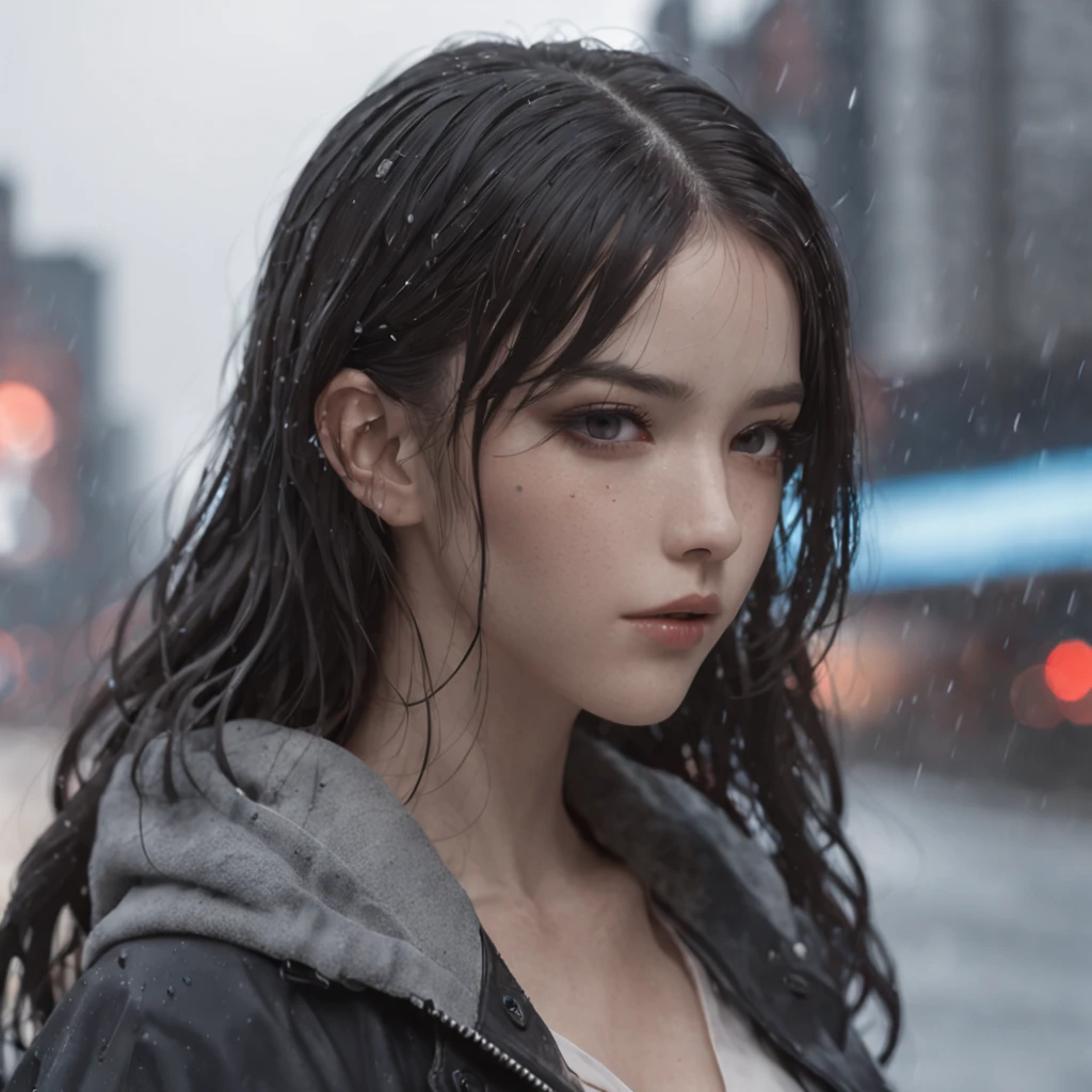 anime girl in the rain, 1 girl, black long hair, 4k anime wallpaper, after rain and no girls, profile of anime girl, 4 k manga wallpaper, anime wallpaper 4 k, anime wallpaper 4k, artwork in the style of guweiz, badass anime 8 k, anime art wallpaper 4 k, anime art wallpaper 4k, rainy night, anime art wallpaper 8 k, very detailed city roof background, rooftop, overlooking the city, detailed face, detailed complex busy background, messy, gorgeous, milky white, highly detailed skin, realistic skin details, visible pores, clear focus, volumetric fog, 8k uhd, DSLR, high quality, film grain, fair skin, photo realism, lomography, futuristic dystopian megalopolis, translucent