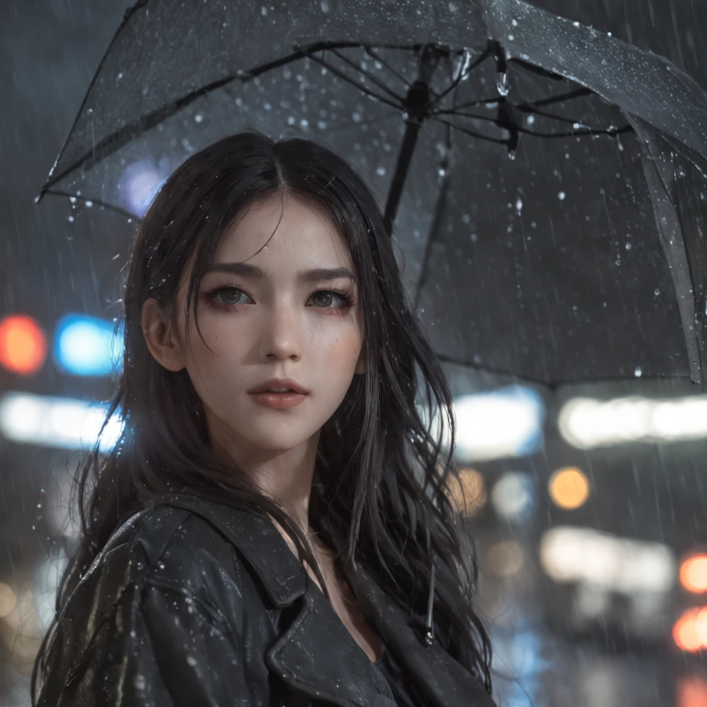 anime girl in the rain, 1 girl, black long hair, 4k anime wallpaper, after rain and no girls, profile of anime girl, 4 k manga wallpaper, anime wallpaper 4 k, anime wallpaper 4k, artwork in the style of guweiz, badass anime 8 k, anime art wallpaper 4 k, anime art wallpaper 4k, rainy night, anime art wallpaper 8 k, very detailed city roof background, rooftop, overlooking the city, detailed face, detailed complex busy background, messy, gorgeous, milky white, highly detailed skin, realistic skin details, visible pores, clear focus, volumetric fog, 8k uhd, DSLR, high quality, film grain, fair skin, photo realism, lomography, futuristic dystopian megalopolis, translucent