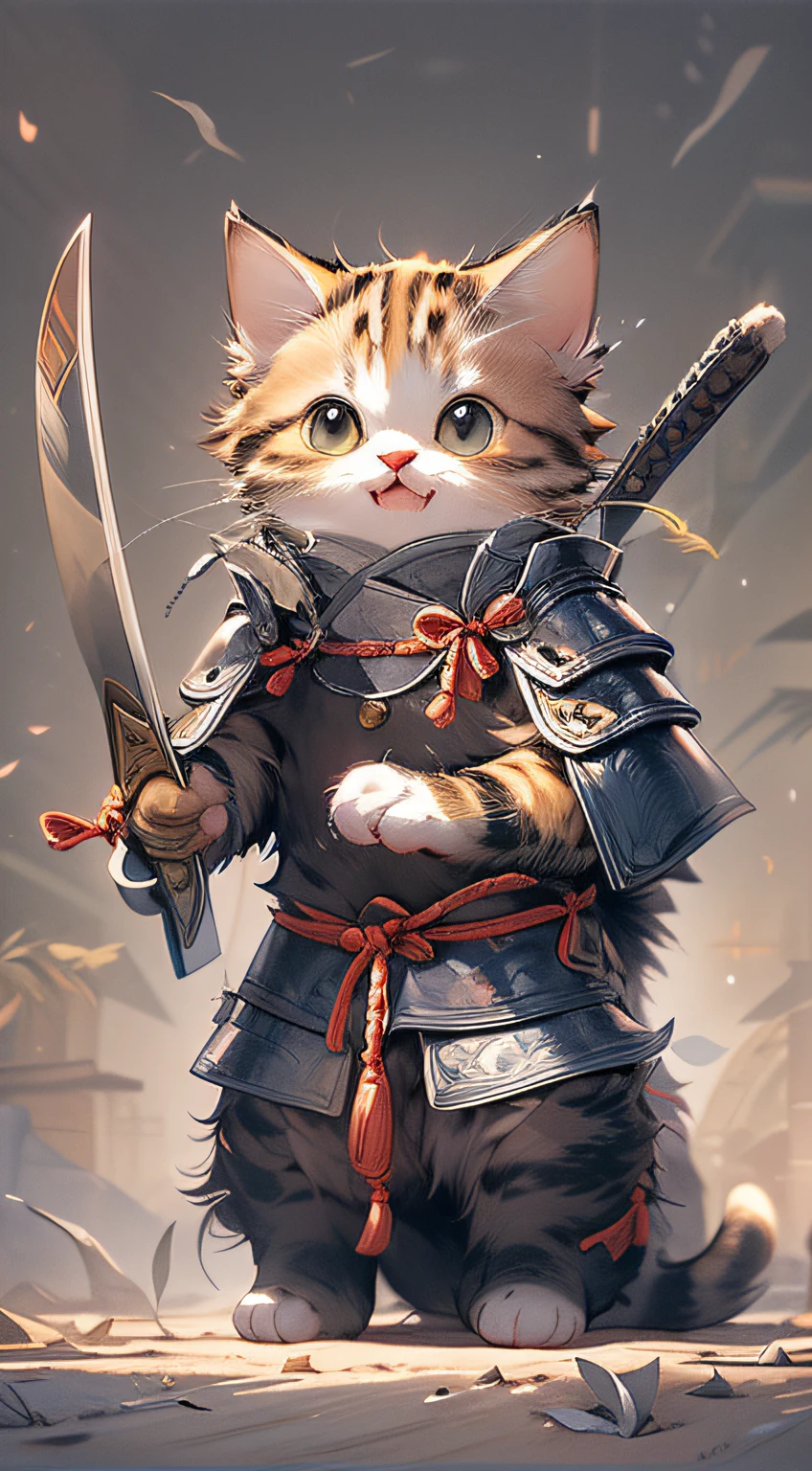 (Masterpiece:1.2, High quality),cat, absurderes, A high resolution, Ultra detailed, 1cat, Cute [cat:Human] wearing samurai armor, Smile, holdingsword