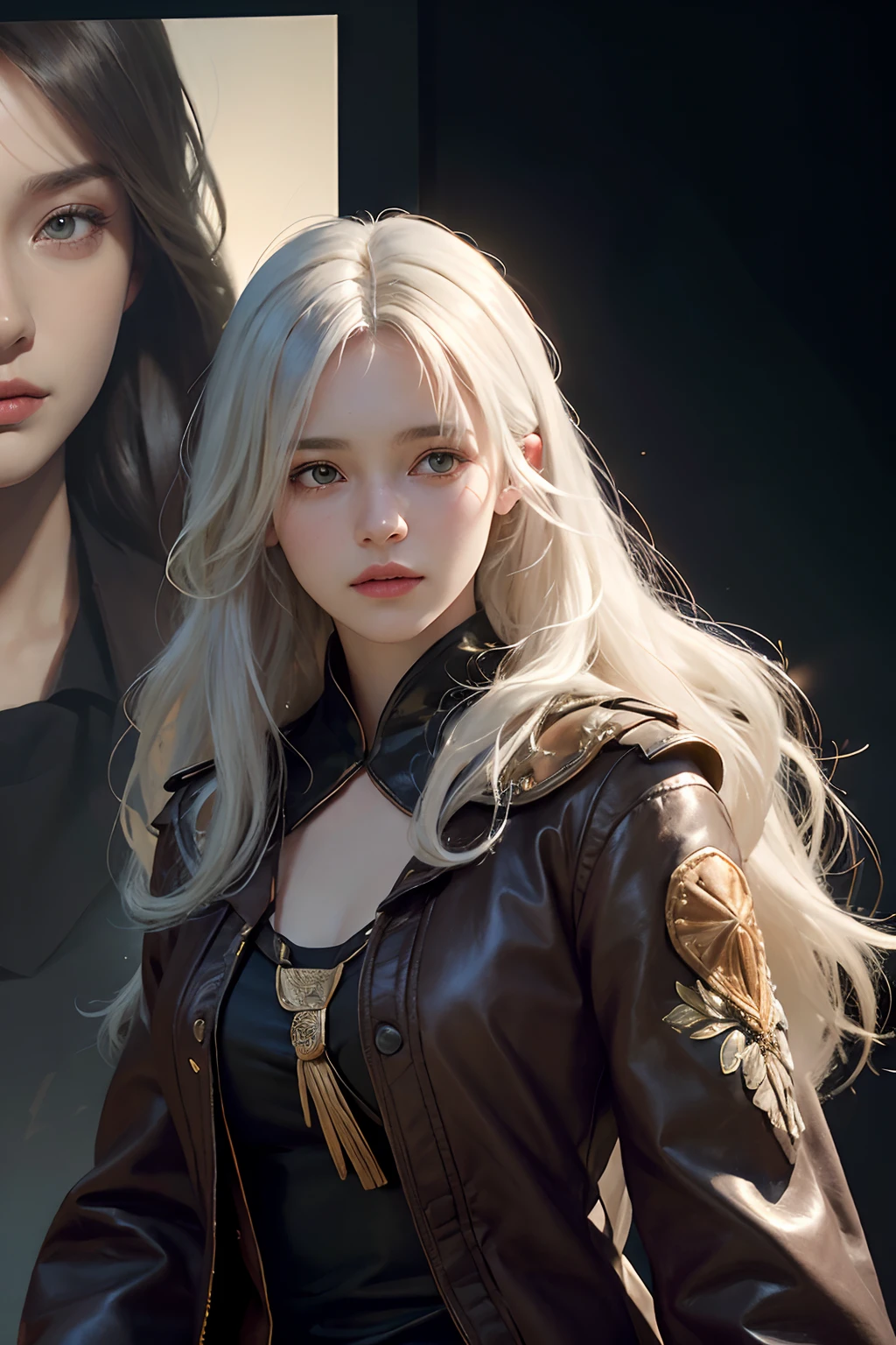 Hyperrealist portrait of female by david hockney and alphonse mucha,fantasy art, photo realistic, dynamic lighting, artstation, poster, volumetric lighting, very detailed faces, 4 k, award winning,, 1girl, in the dark, deep shadow, low key,cowboy shot,(official clothing:1.4) ,long hair,white hair,