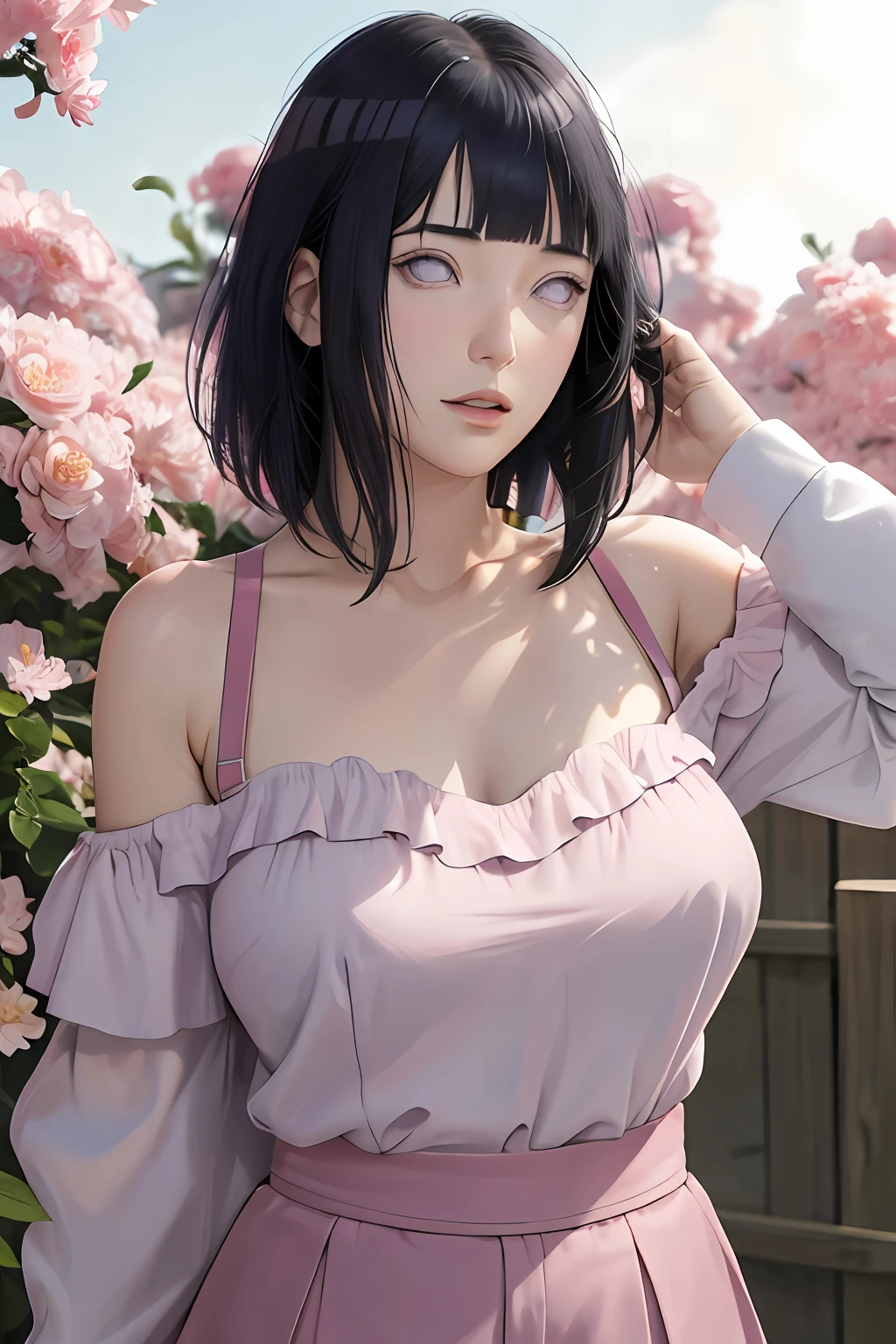 masterpiece, absurdres, hinata\(boruto\), 1girl, solo,mature female, spaghetti strap top, high waist short skirt, looking at viewer, (falling petals), perfect composition, detailed lips, big breast, beautiful face, body propotion, blush, (pink lips), long hair,  purple eyes,  soft gaze,  super realistic, detailed, photoshoot, realistic face and body, thighhighs