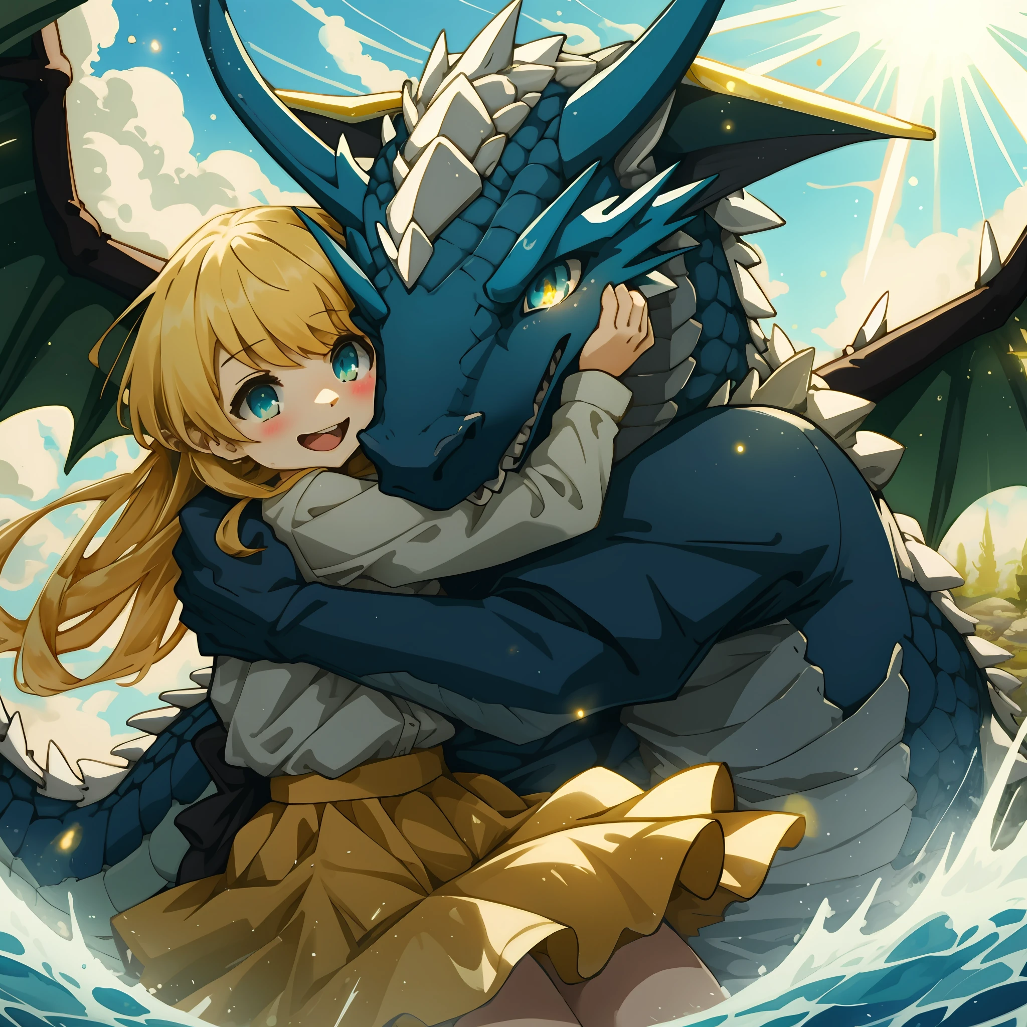 highres, top quality, best quality, paid reward available, High-quality illustrations, unparalleled masterpiece, under refreshing blue sky, absurdres, height difference, large Dragon, smile, hugs girl((movie of a Dragon and human child girl))girl hugs dragon, dress skirt, smile, open mouth, happy, joyful(beautiful detailed eyes and face)caustics, light rays, light leaks, light particles, lens flare, subtitles, English text,