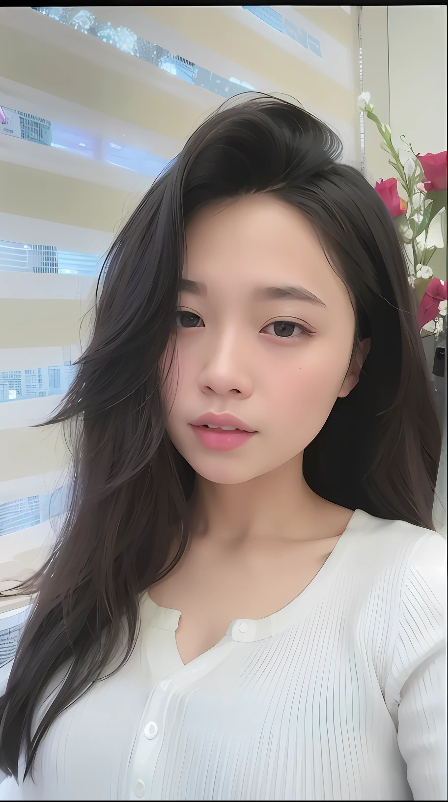 a close up of a woman with long hair wearing a white shirt, dang my linh, mai anh tran, young cute wan asian face, south east asian with round face, beautiful south korean woman, xintong chen, a young asian woman, korean girl, with round face, leaked image, beautiful aesthetic face, ruan cute vtuber, xision wu