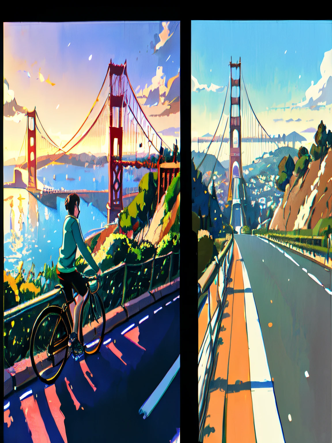 (bike: 1.5), (realistic bike: 1.5), (realistic cyclist: 1.5), back cyclist, close-up shot, california, san francisco, golden gate, sunset, shadows, contrast, makoto shinkai, (best quality:1.3), (Highres:1), Art by Studio Ghibli Style, Impressionism, Vibrant colors