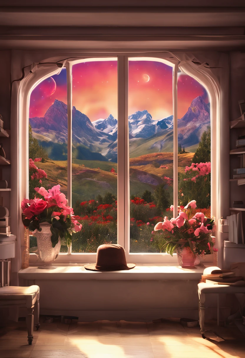 piano, flowers, window and mountains landscape