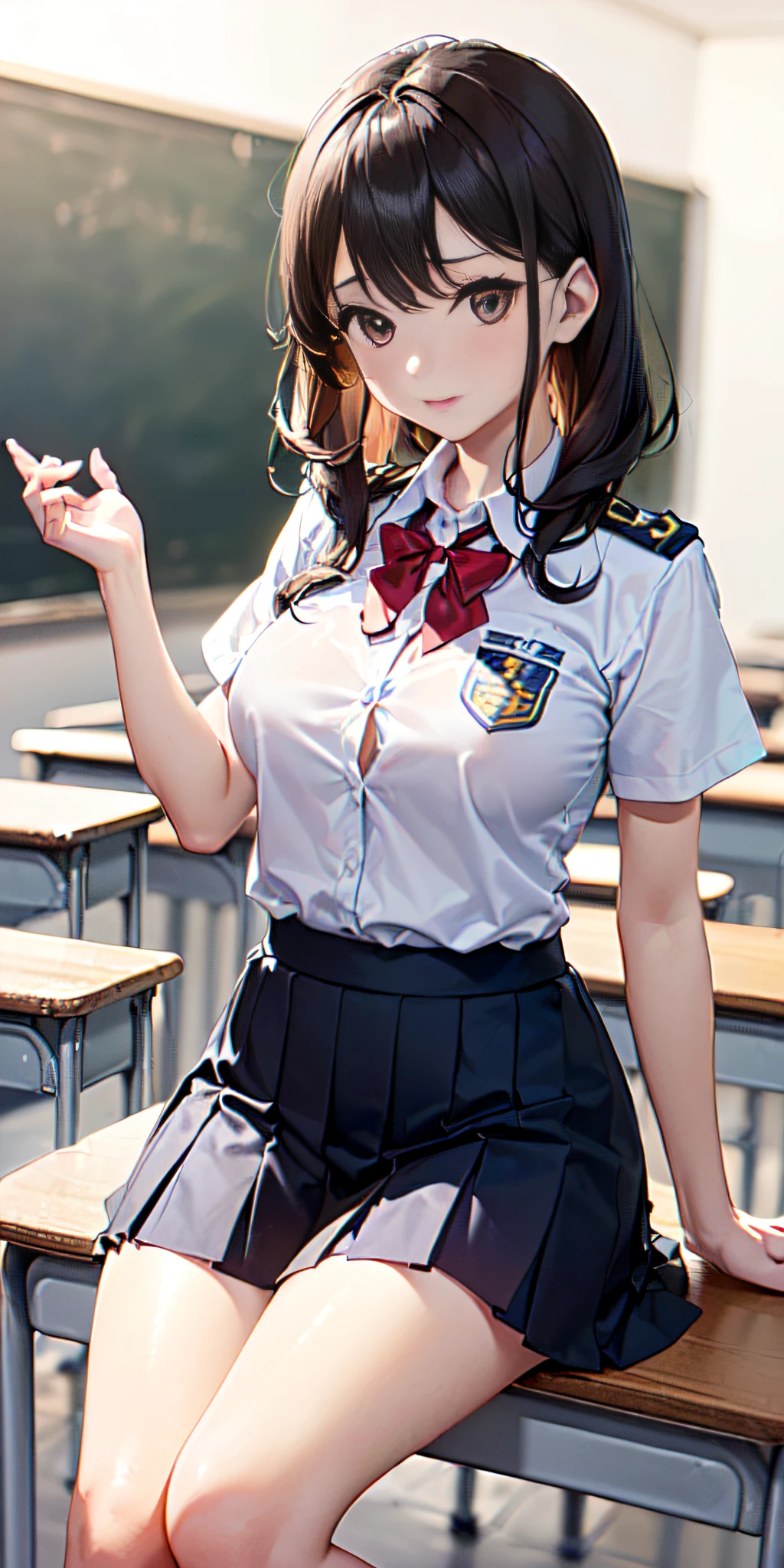 (((Colossuschan,1girl,senos grandes, sonrojarse,En pie,Disparo de vaquero,al aire libre,sode,Mano en la cadera, ((escuela_uniforme)))))