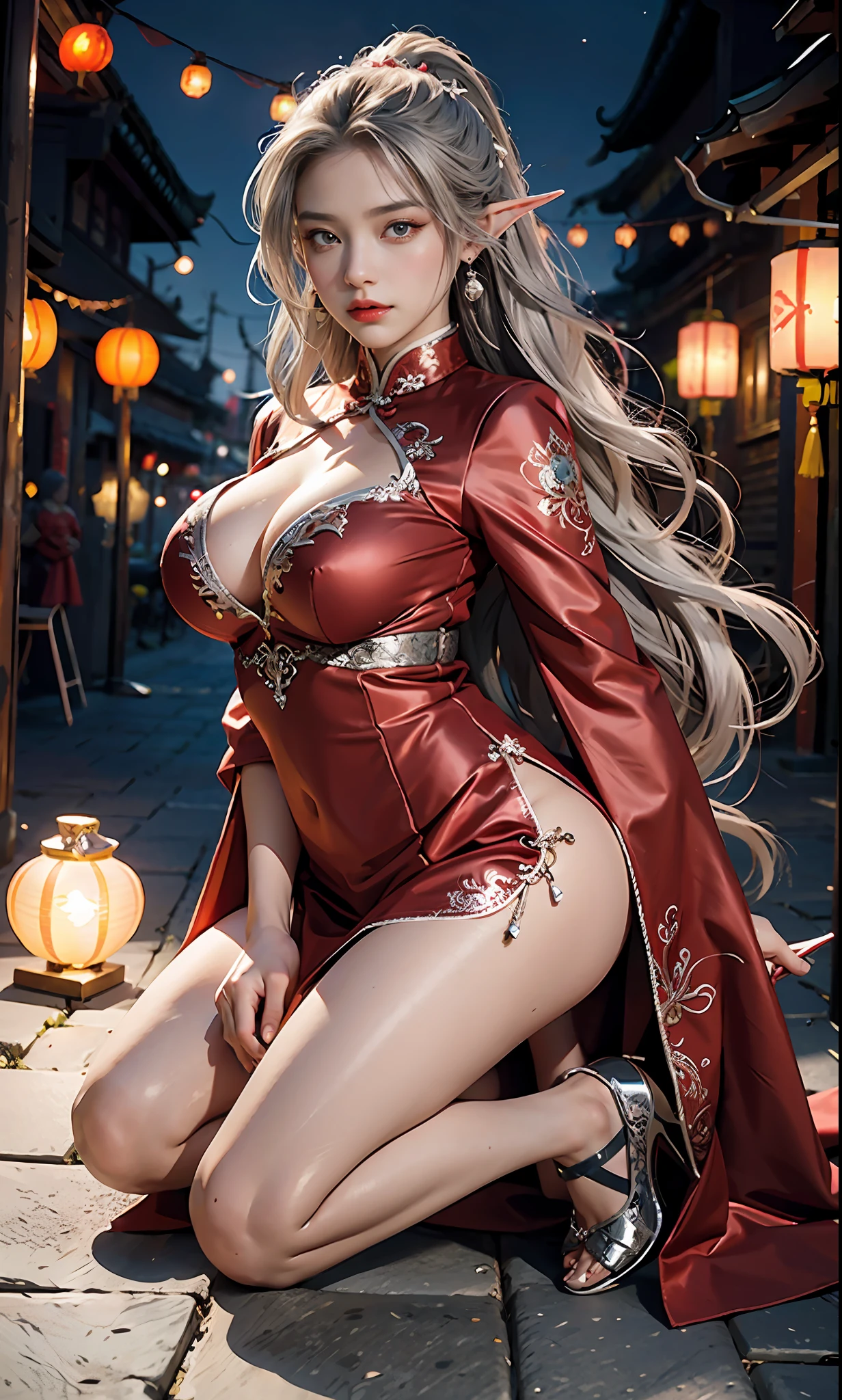 （Redcoat：1 silver-haired girl, Close up）， tmasterpiece， best qualtiy， RAW photogr， realisticlying， the face， Incredibly Ridiculous res， Beautiful elf beauty， ear studs，Kneeling pose， (Long silver hair)， (Red wedding dress+)，Chinese silk long dress，(Red cloth shoes，Embroidered cloth shoes+)，depth of fields， A high resolution， ultra - detailed， filigree， RAWE is very detailed， very detailed eyes and faces， Sharp pupils， realistic pupil， tack sharp focus， cinmatic lighting，full bodyesbian，Bigboobs，long leges，From the front side，ancient Chinese town，Lanterns，Tanabata，Lights of all homes，A faint red glow，dynamicposes