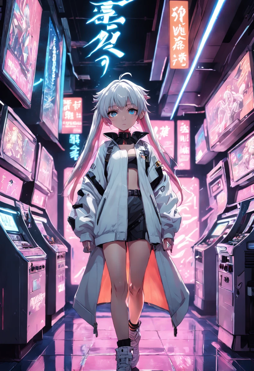 Modern simulation，Anime-style environment wide-angle shot，Nightly chaotic arcade shots; A woman in plain white streetwear;Sci-fi. 3D. Environmental arcade art.，cyber punk perssonage，Firearms，jewelry