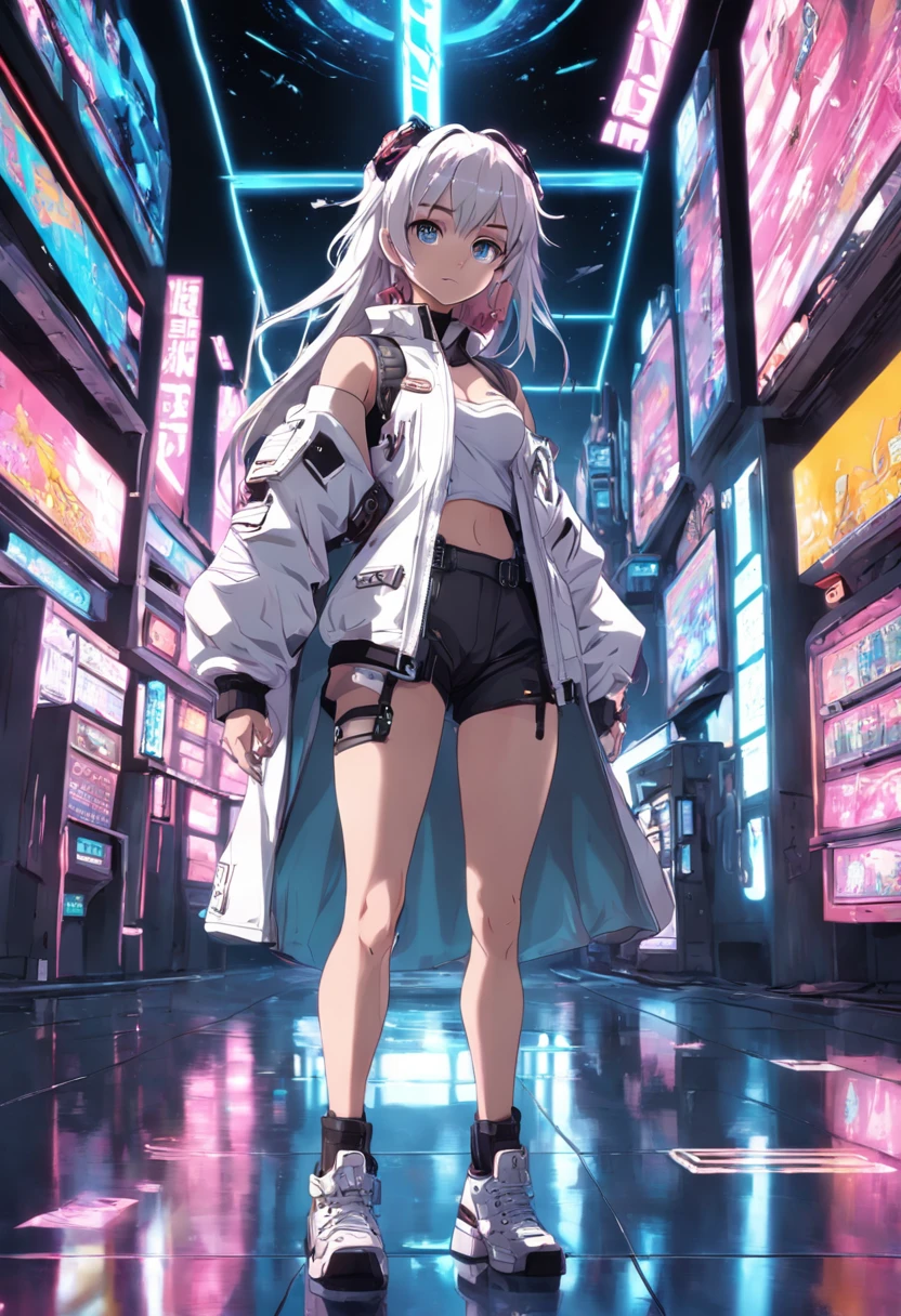 Modern simulation，Anime-style environment wide-angle shot，Nightly chaotic arcade shots; A woman in plain white streetwear;Sci-fi. 3D. Environmental arcade art.，cyber punk perssonage，Firearms，jewelry