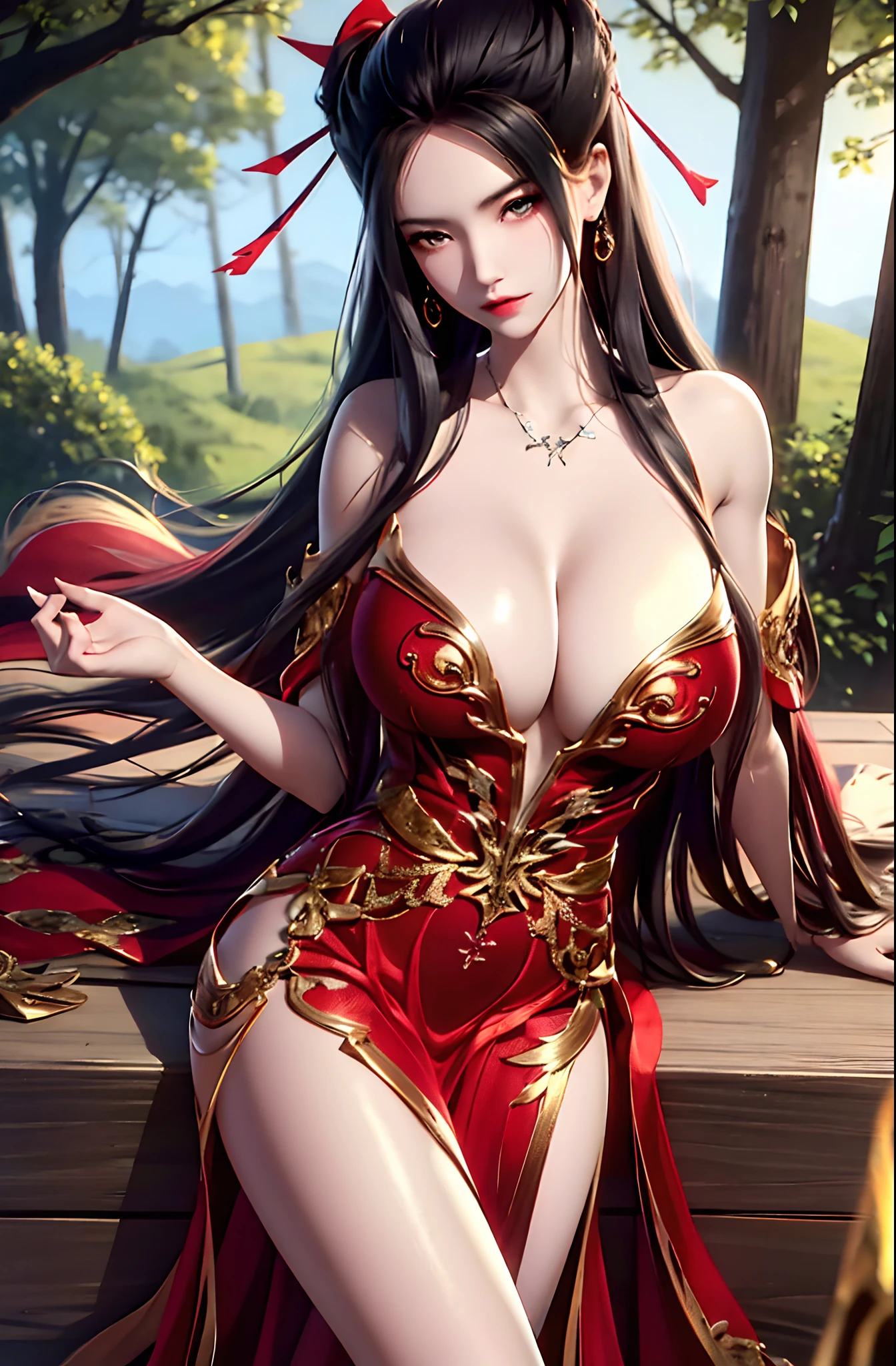 Unbeatable masterpiece,Ultra-realistic 8K CG,Perfect artwork,((Perfect female image)),Big breasts Thin waist,looking at viewert,tempting pose,A sexy pose,Tempting,Clean,beauitful face,Pure face,paleskin,Absurdly long hair,Shiny skin,dent in the skin,delicate patterns,intricately details,opulent,luxury goods,1girll,独奏,exteriors,huge tit,huge tit,Be red in the face,naghty face,leges,Realistis,dent in the skin,The tree,ln the forest,standing on your feet,ylj,Red dress,exposed bare shoulders,hair adornments,