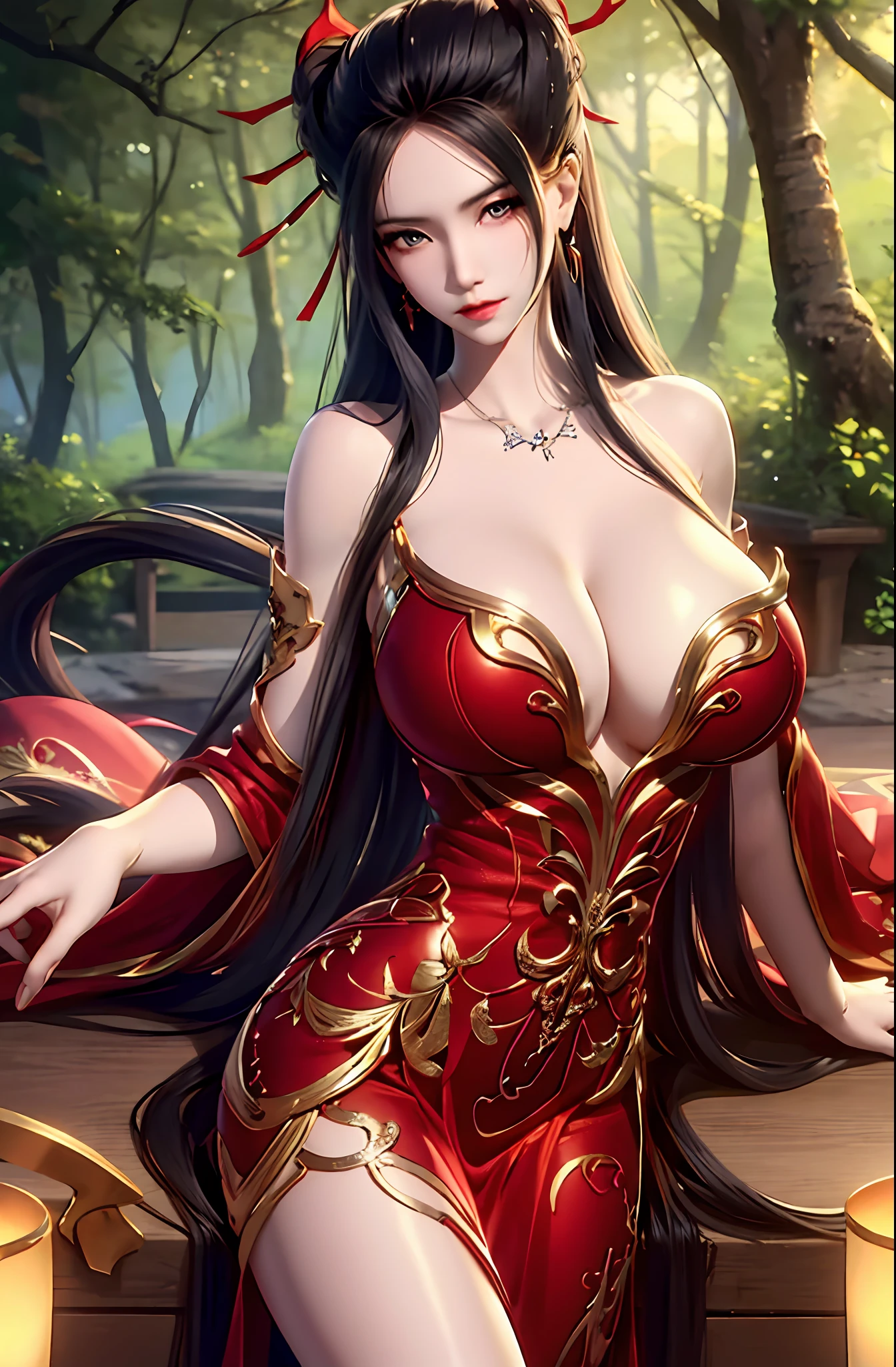 Unbeatable masterpiece,Ultra-realistic 8K CG,Perfect artwork,((Perfect female image)),Big breasts Thin waist,looking at viewert,tempting pose,A sexy pose,Tempting,Clean,beauitful face,Pure face,paleskin,Absurdly long hair,Shiny skin,dent in the skin,delicate patterns,intricately details,opulent,luxury goods,1girll,独奏,exteriors,huge tit,huge tit,Be red in the face,naghty face,leges,Realistis,dent in the skin,The tree,ln the forest,standing on your feet,ylj,Red dress,exposed bare shoulders,hair adornments,