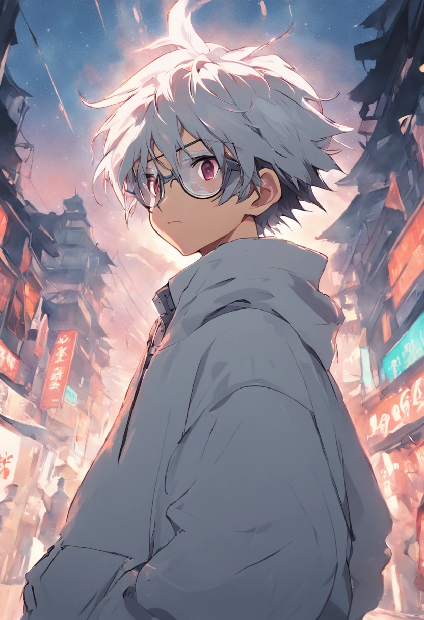 Gray-haired Japanese anime youth,Wearing VR glasses,, White hoodie, White shorts, No tattoos, No beard,16 yaers old,Wearing white VR glasses