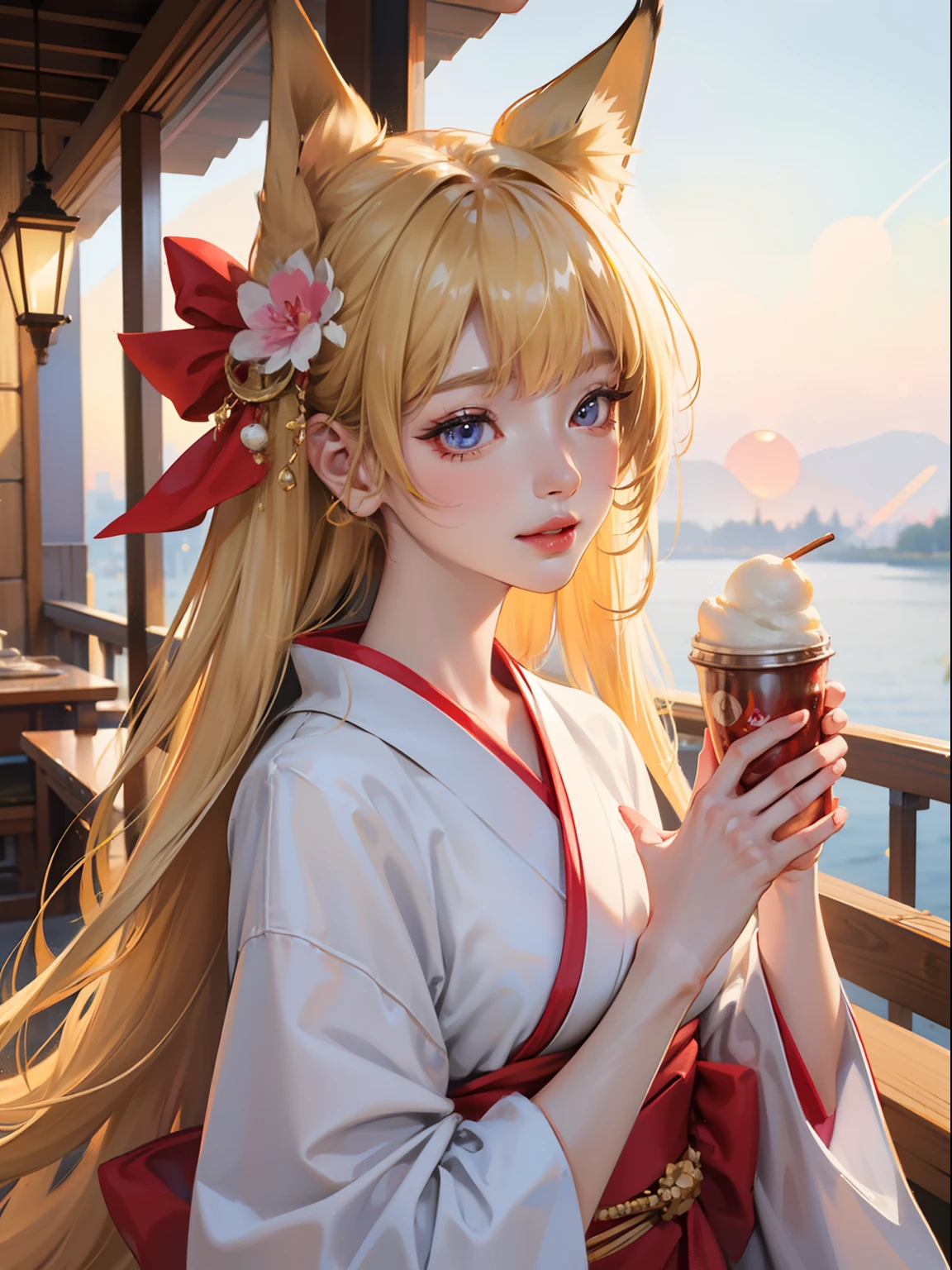 masutepiece, High resolution, 8K, anime woman, Delicate and detailed writing 、Detailed digital illustration、Very long hair and shiny、a very beautiful woman、Eyes are double, Large, Slender eyes、Bust is D cup、High image quality, High quality、Detailed background、I'm wearing a hair ornament.、Glittering background、The inside of the eye shines like a diamond、4 fingers, 1 thumb、Detailed female face、Smile、Very beautiful and cute woman、a blond、wearing red kimono、Cool Woman、Fox ears、lunch、Rainbow on background、shining background、细致背景、​masterpiece、soft focus , light gradation watercolor , lens flare , glitter , glow , dreamy , white background