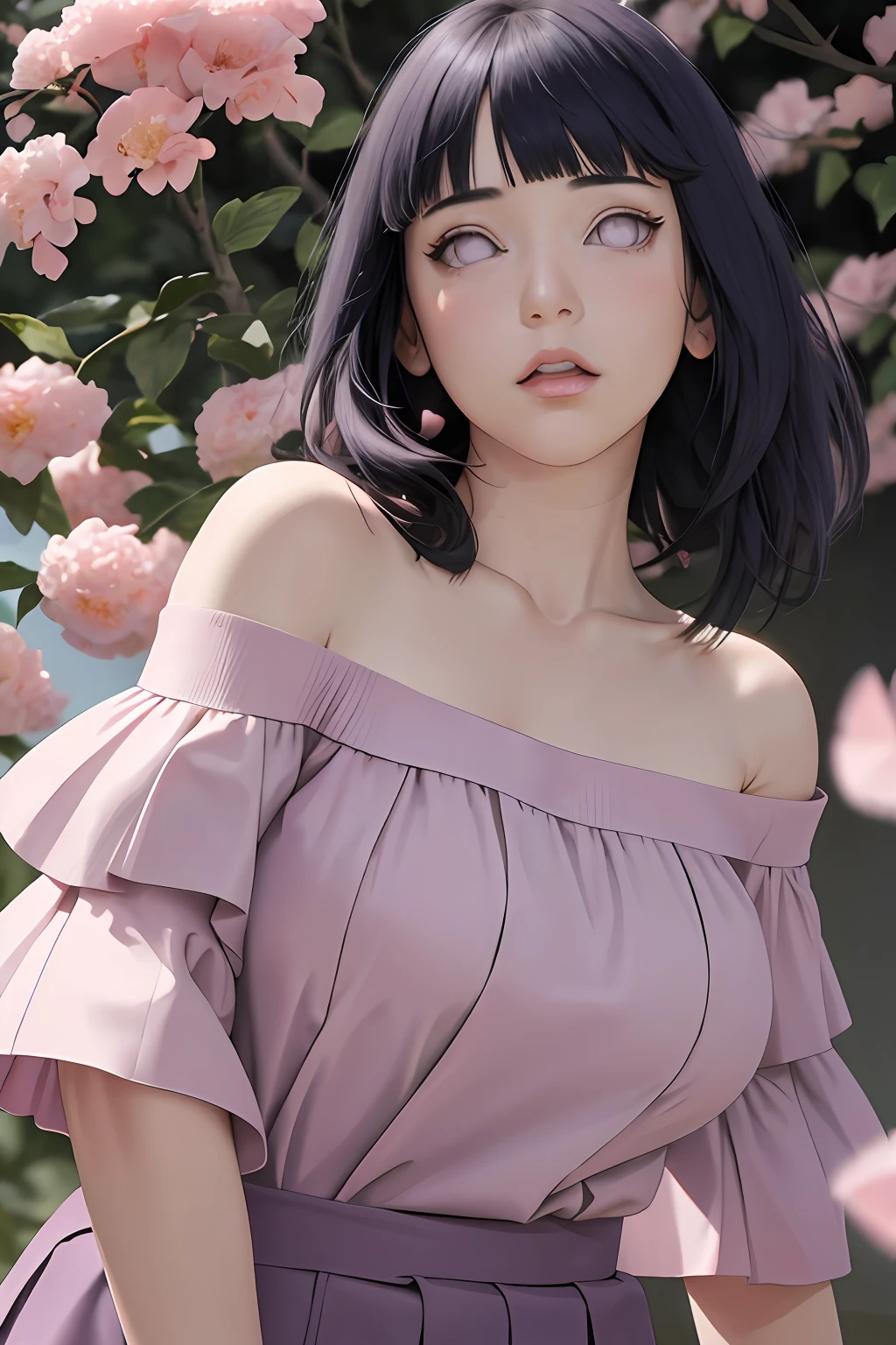 masterpiece, absurdres, hinata\(boruto\), 1girl, solo,mature female, off-shoulder, high waist short skirt, looking at viewer, (falling petals), perfect composition, detailed lips, big breast, beautiful face, body propotion, blush, (pink lips), long hair,  purple eyes,  soft gaze,  super realistic, detailed, photoshoot, realistic face and body,