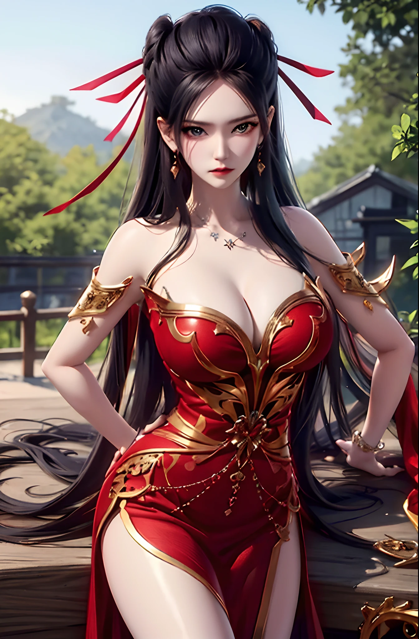 Unbeatable masterpiece，Ultra-realistic 8K CG，Perfect artwork，（（Perfect female image）），Big breasts Thin waist，looking at viewert，tempting pose，A sexy pose，Tempting，Clean，beauitful face，Pure face，paleskin，Absurdly long hair，Shiny skin，dent in the skin，delicate patterns，intricately details，opulent，luxury goods，1girll，独奏，exteriors，huge tit，huge tit，Be red in the face，naghty face，leges，Realistis，dent in the skin，The tree，ln the forest，standing on your feet，ylj，Red dress，exposed bare shoulders，hair adornments,
