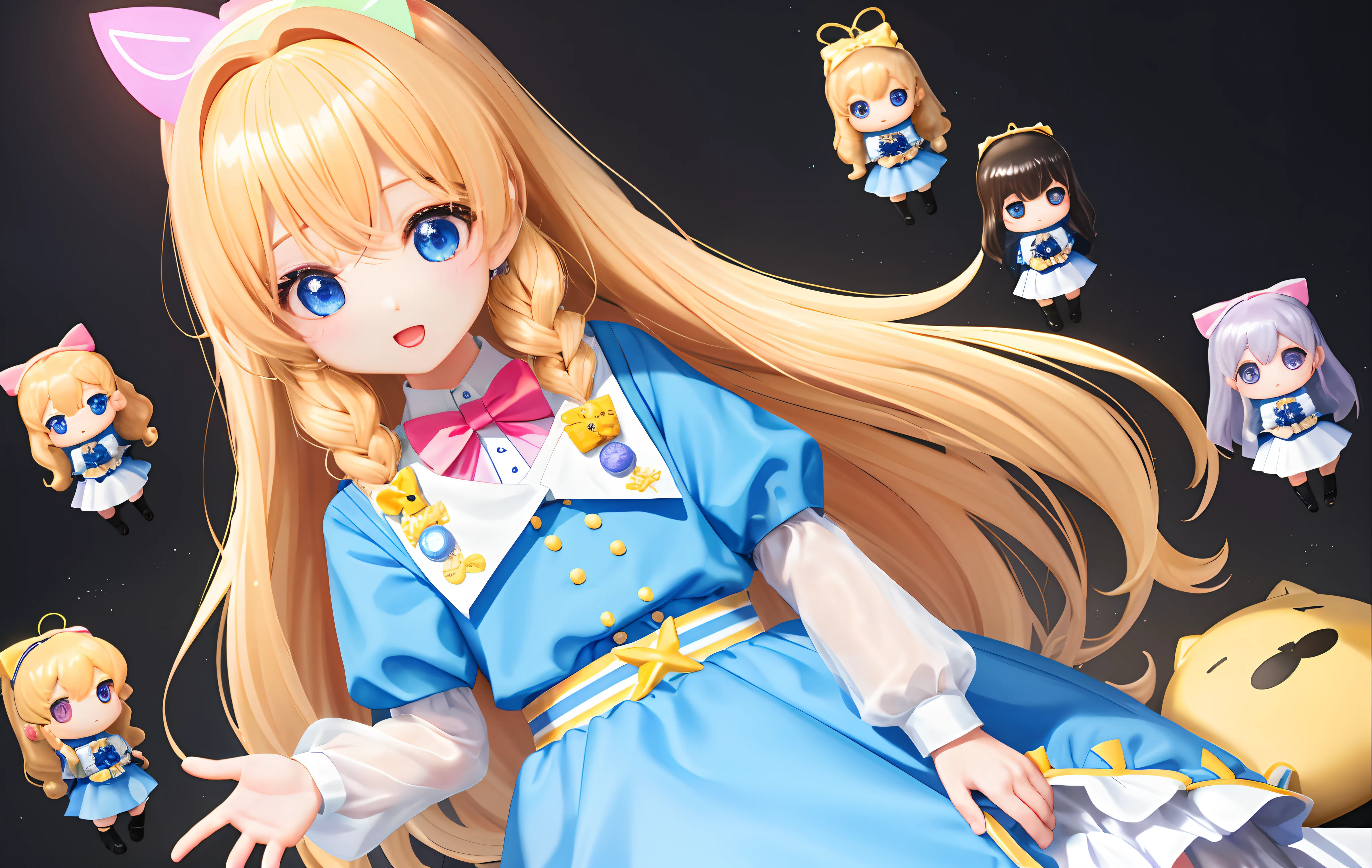 Pop Mart Blind Box IP、Close up of four cute knight dolls、Young One Angel Style、Wear longer, Dress fluently、Lop style、Poseline doll、Little people々々々々々。Little people々々々々々、unreal enginee 5、Light 3D/C4D production: 8K HD quality/illuminating/Ultra-fine lens description 1.5、flawless、Chibi Background/Cinematic。