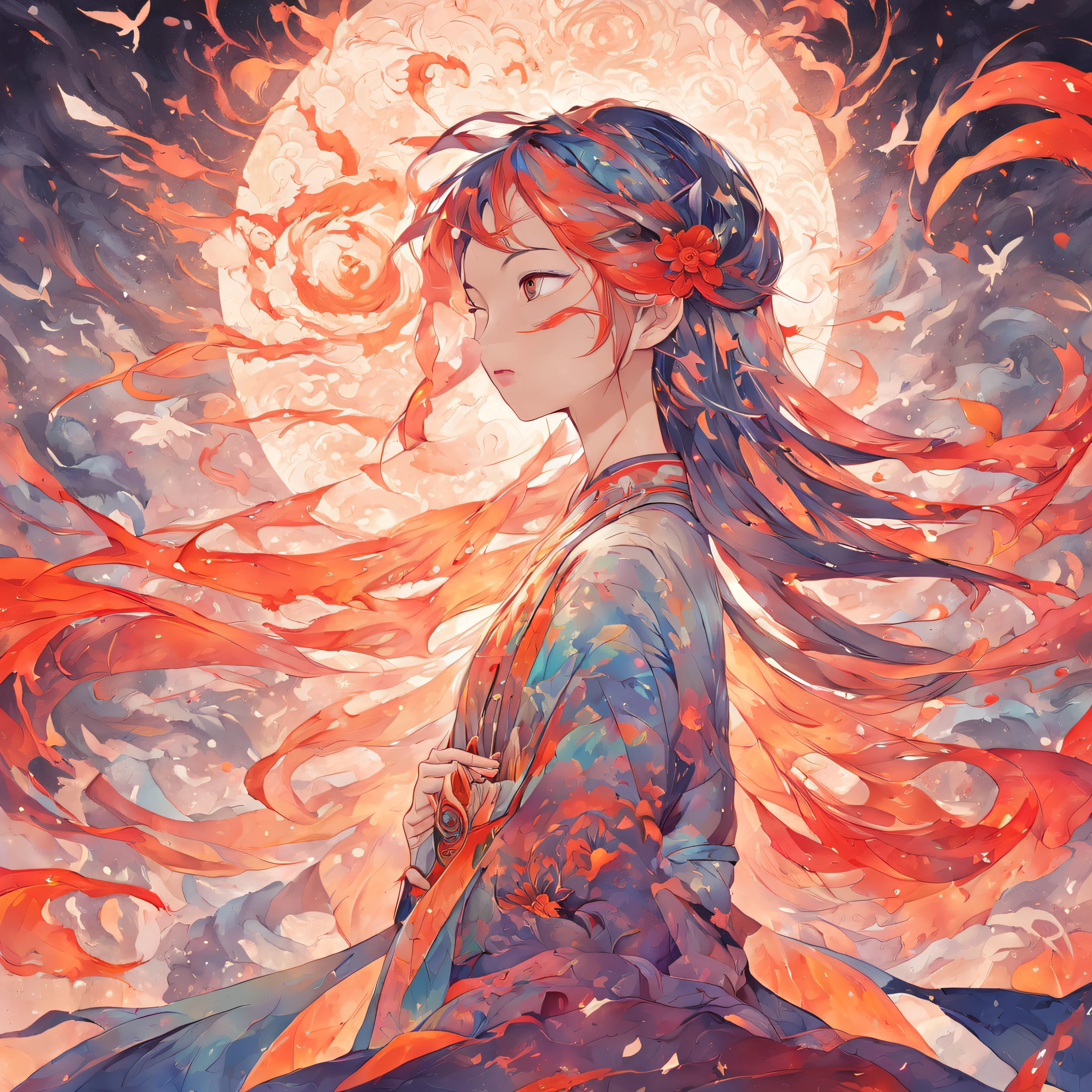 (White background:1.4),(Silhouette of a girl, Eyes closed, colorfull long hair, Oriental elements),(Chinese illustration:1.3,paper art:1.3, Quilted paper art:1.2),( reasonable design, Clear lines, High sharpness,Best quality, Very detailed, Masterpiece, movie light effect, 4K ), (subtle yin yang elements)
