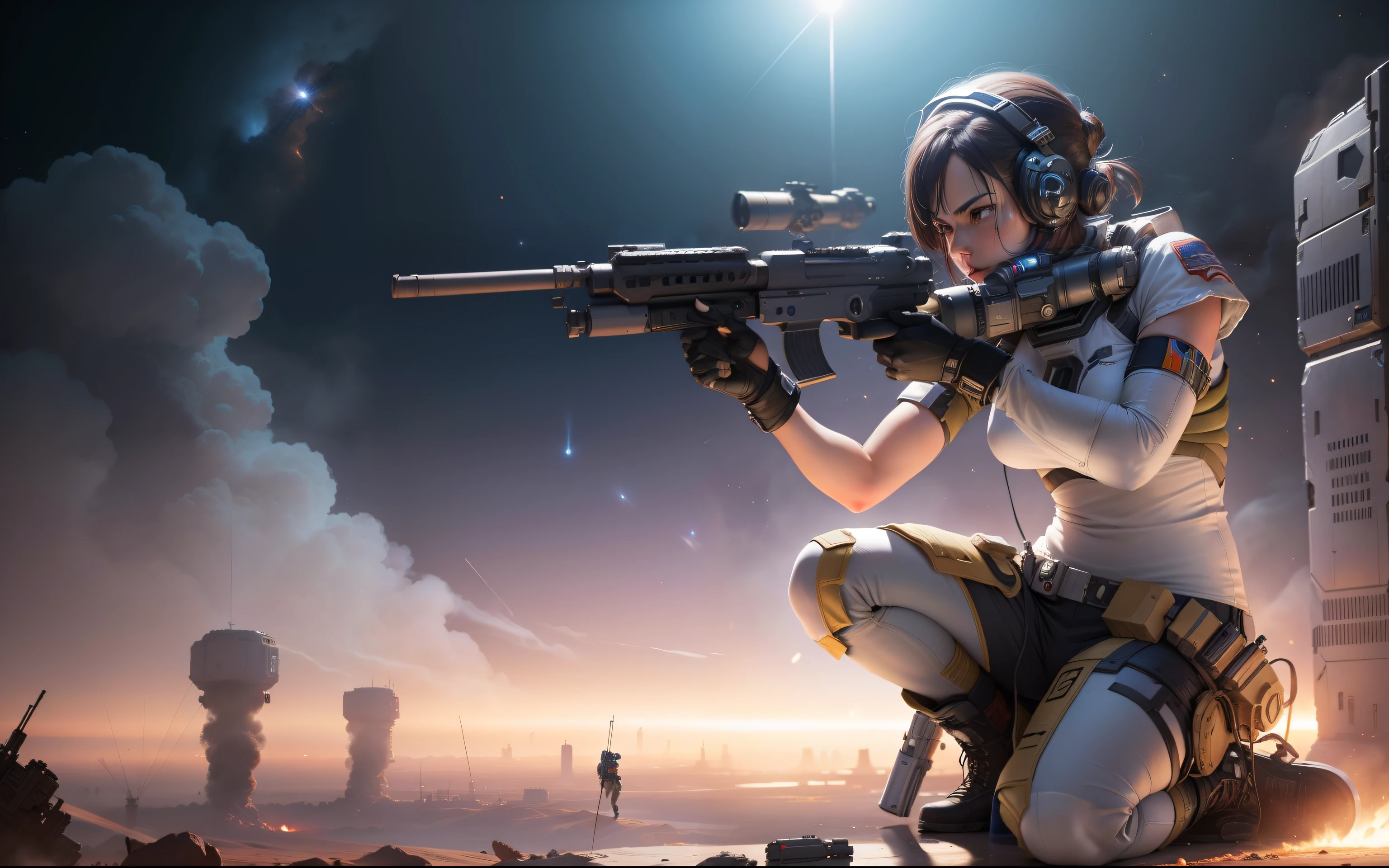 space girl with gun fighting wars, space battle war, fighting bad guys crouched down athletic shooting position, space station, smoke, gunfire, three armed enemy, two space suit bystanders, 64k resolution hyperdetailed, photorealistic, in the style of Robert Rodriguez
